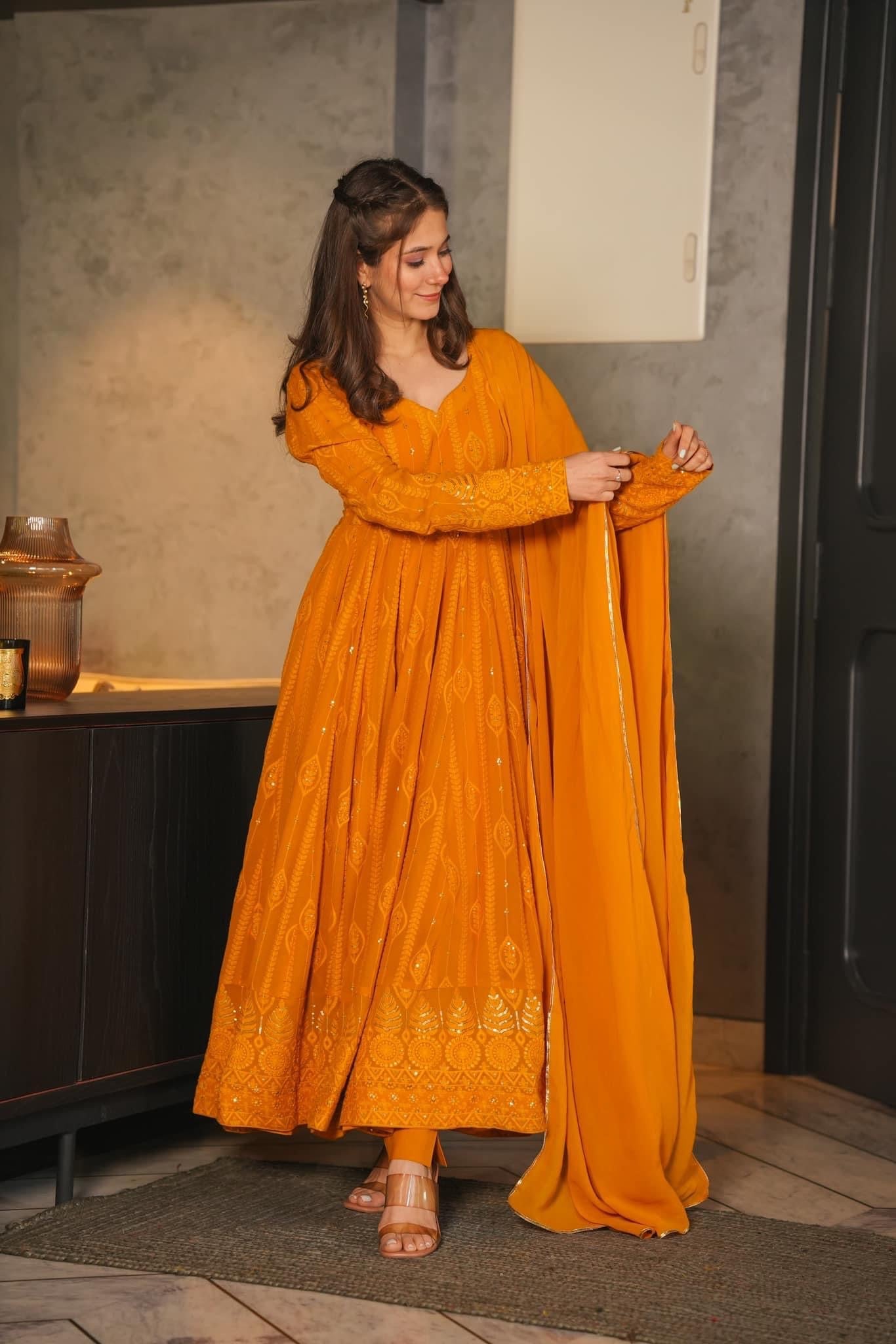 MUSTARD EMBROIDERED GEORGETTE SUIT SET TD-101