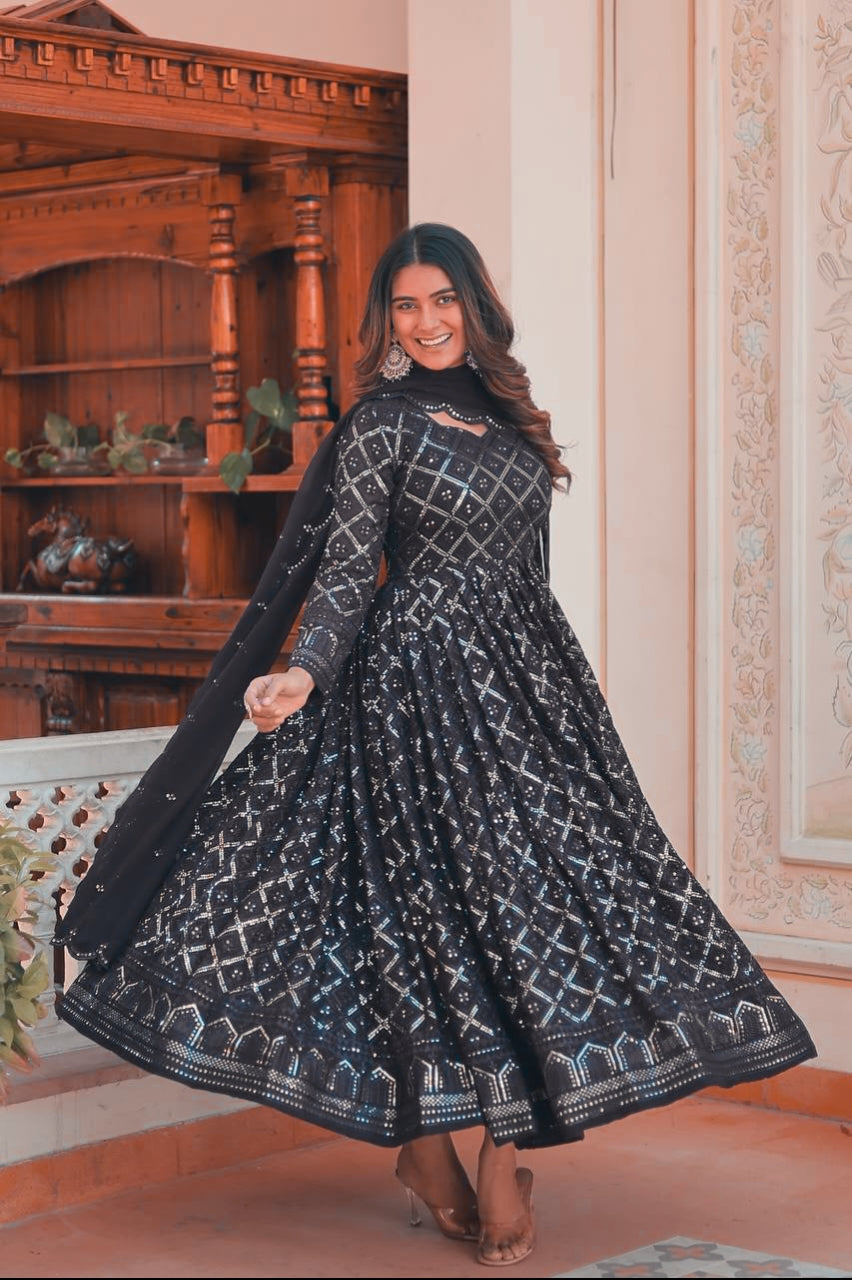 Black Lucknowi Sequins Work V NECK  Gown pent and duptta suit set