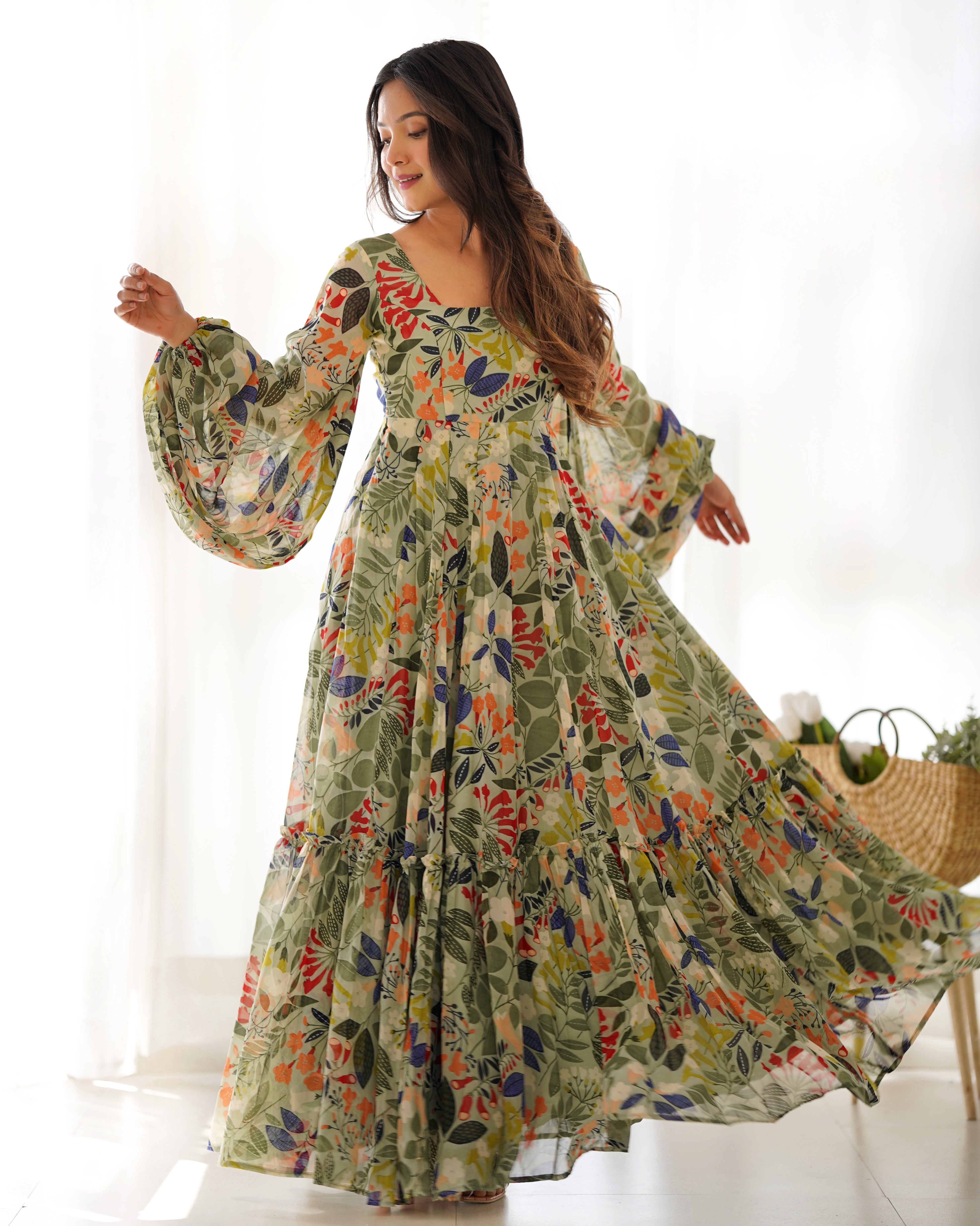 Sunaina Pista Colourfull Floral Gown Digital Printed Faux Georgette DKB-267