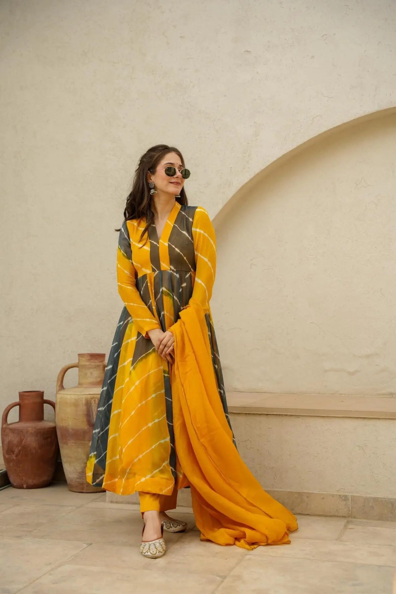 PILAKI- MUSTARD & BLACK COLOR ORGANZA SUIT SET