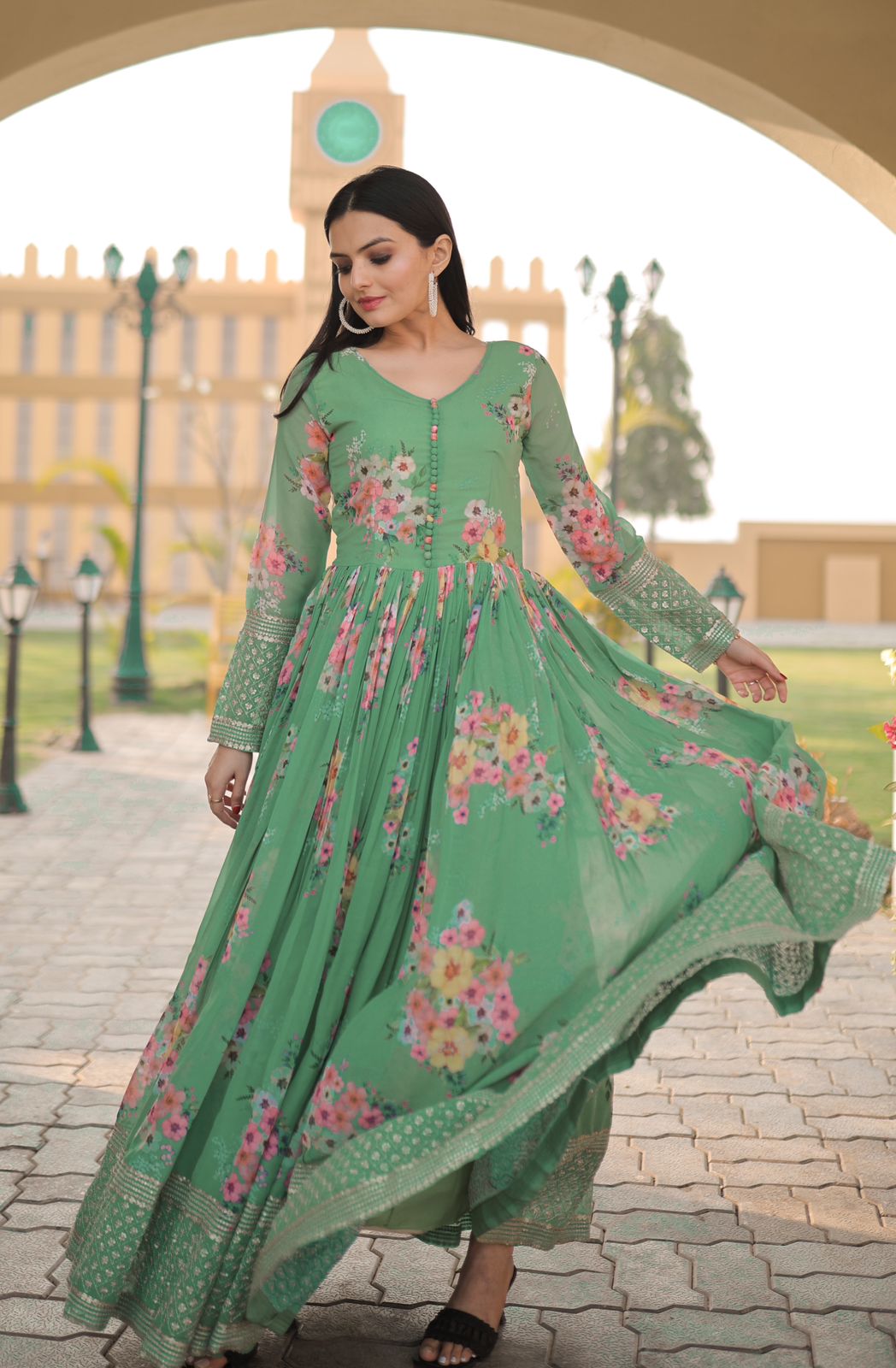 Visva 's Pista Gown Digital Printed Faux Georgette