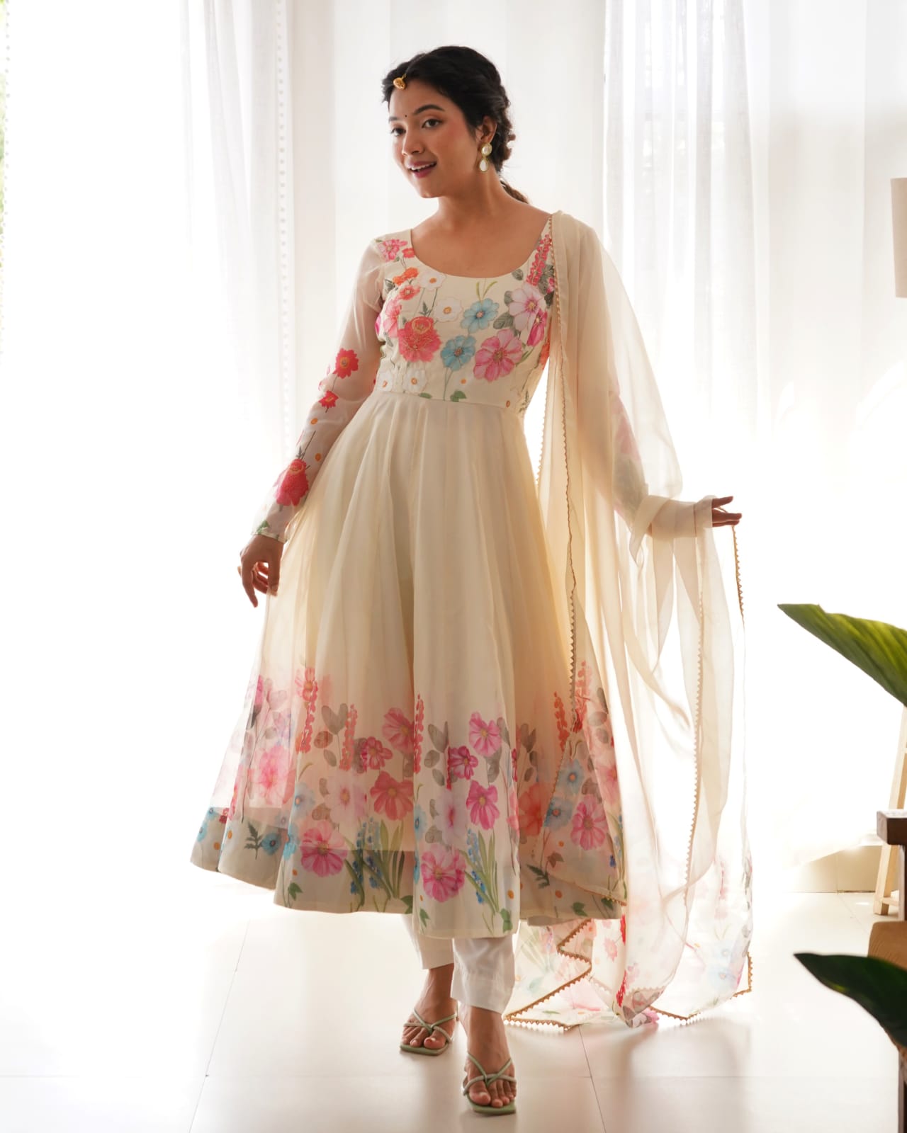 CREME COLOURED PURE SOFT ORGANZA ANARKALI SUIT SET WITH FULLY STITCHED DKB-25