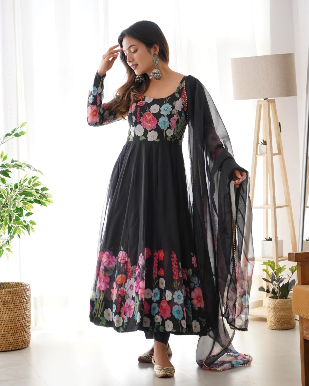 BLACK  COLOURED PURE SOFT ORGANZA ANARKALI SUIT SET WITH FULLY STITCHED DKB-25