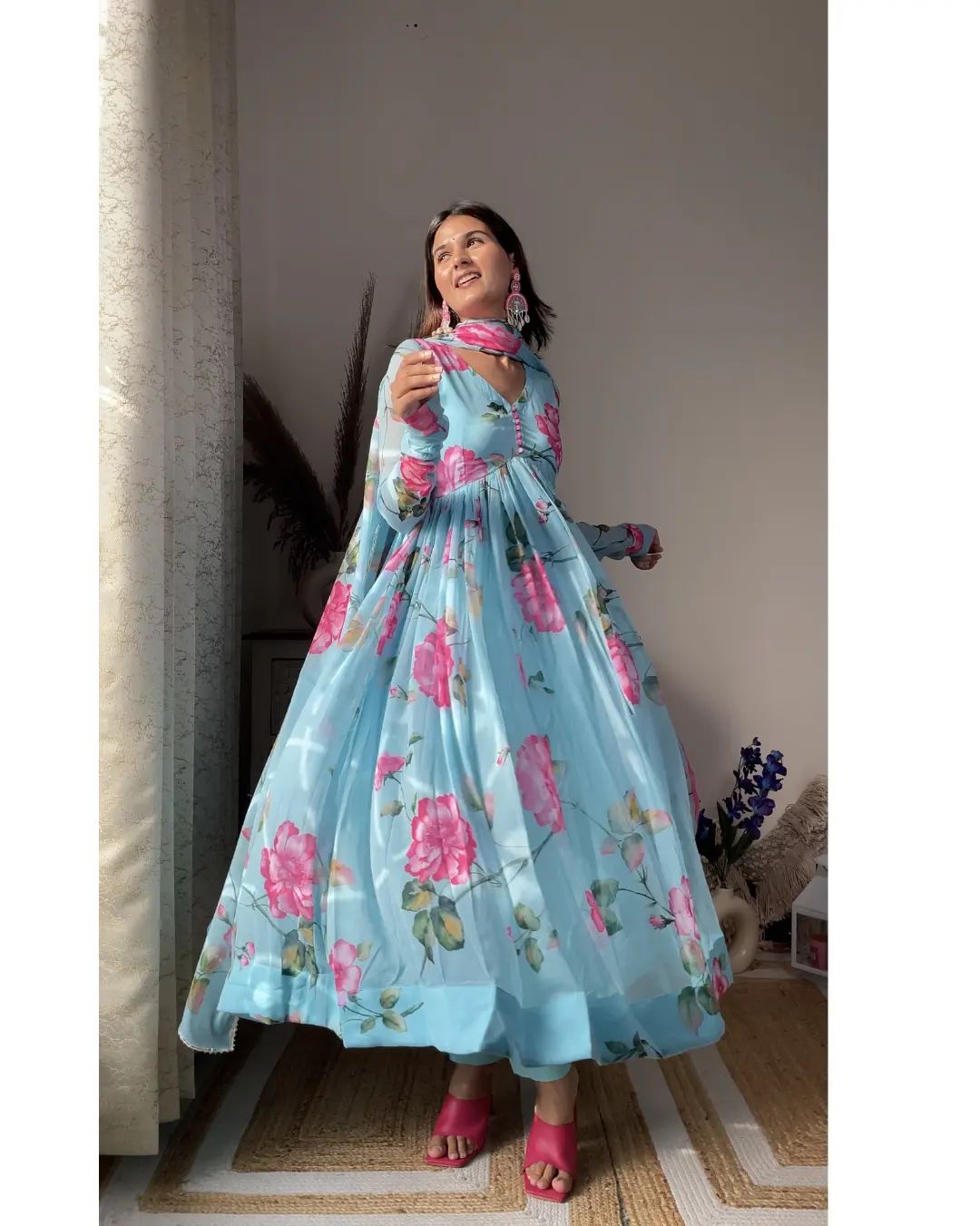 ANISKA SKY BLUE  FLORAL PRINT ORGANZA SUIT SET