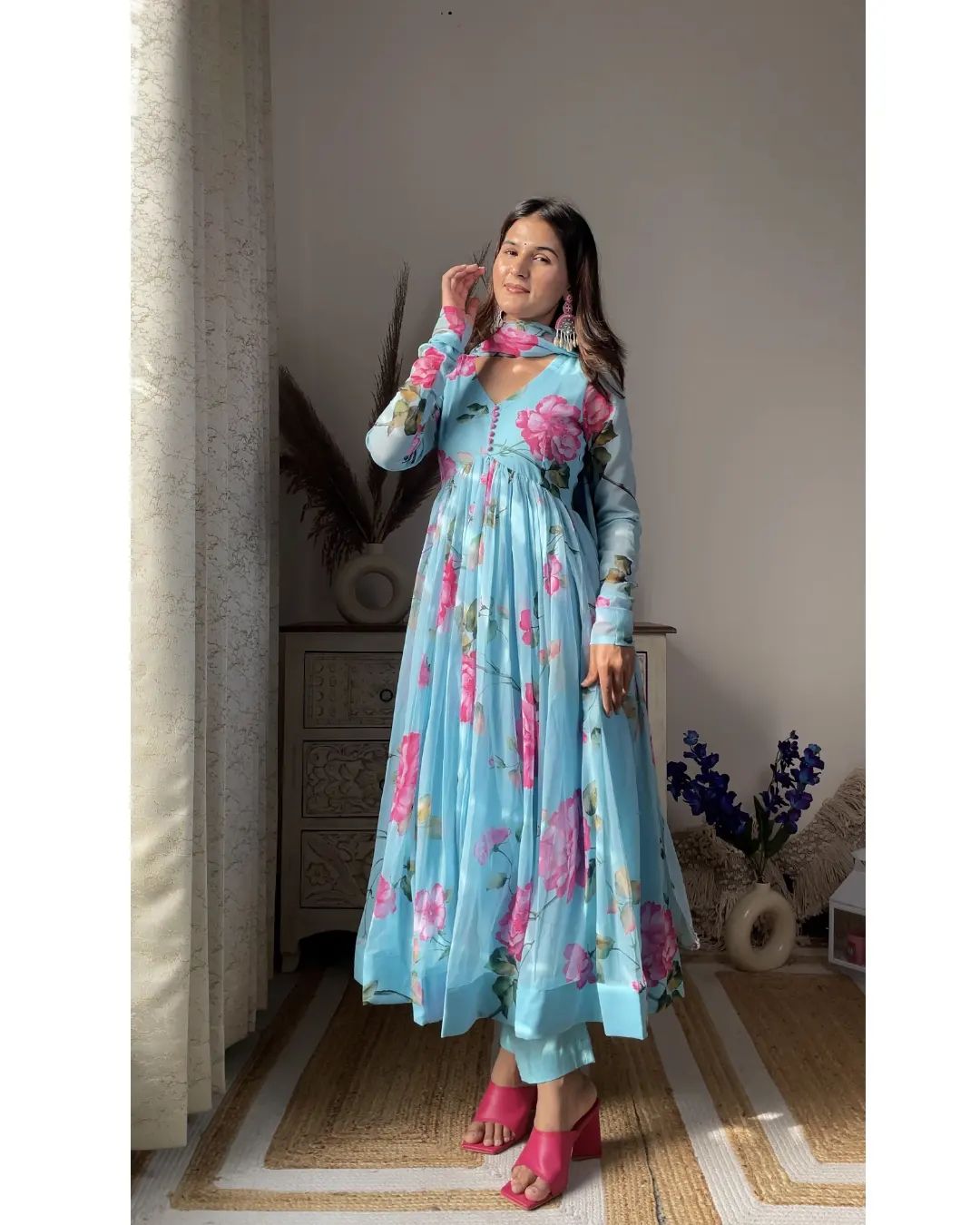 ANISKA SKY BLUE  FLORAL PRINT ORGANZA SUIT SET