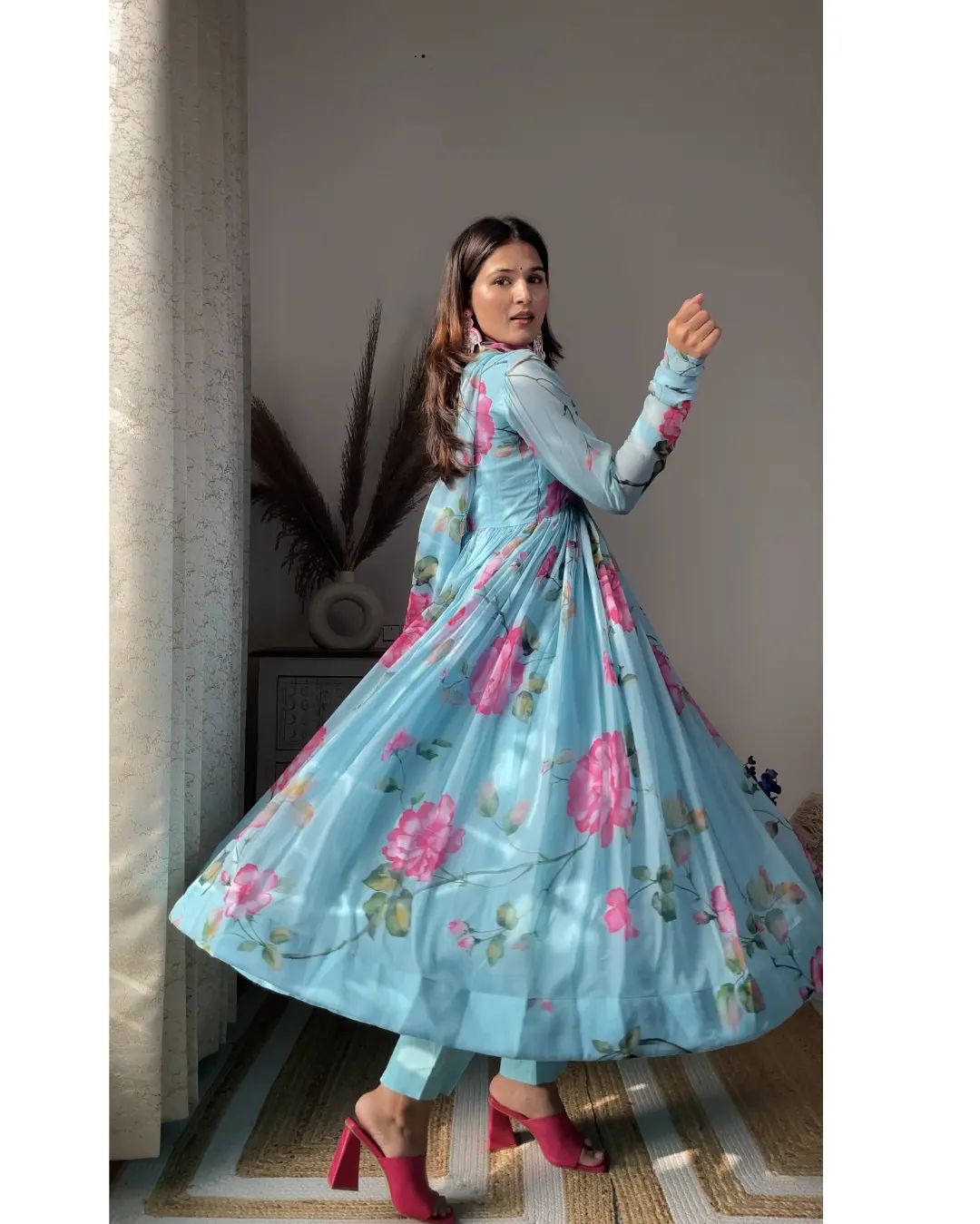 ANISKA SKY BLUE  FLORAL PRINT ORGANZA SUIT SET