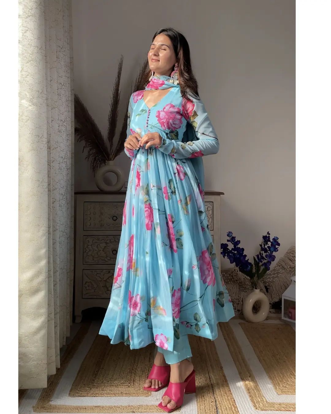 ANISKA SKY BLUE  FLORAL PRINT ORGANZA SUIT SET