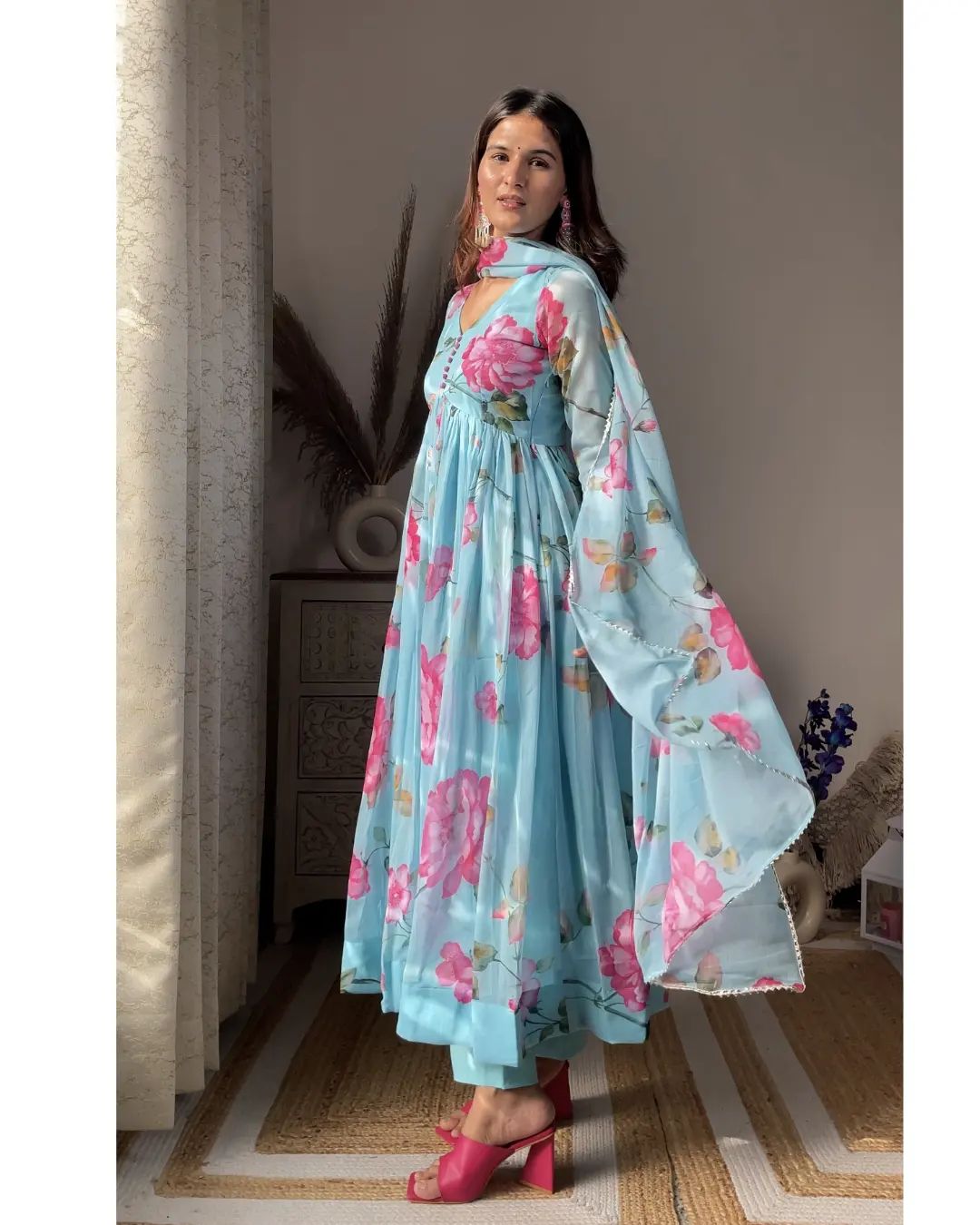 ANISKA SKY BLUE  FLORAL PRINT ORGANZA SUIT SET