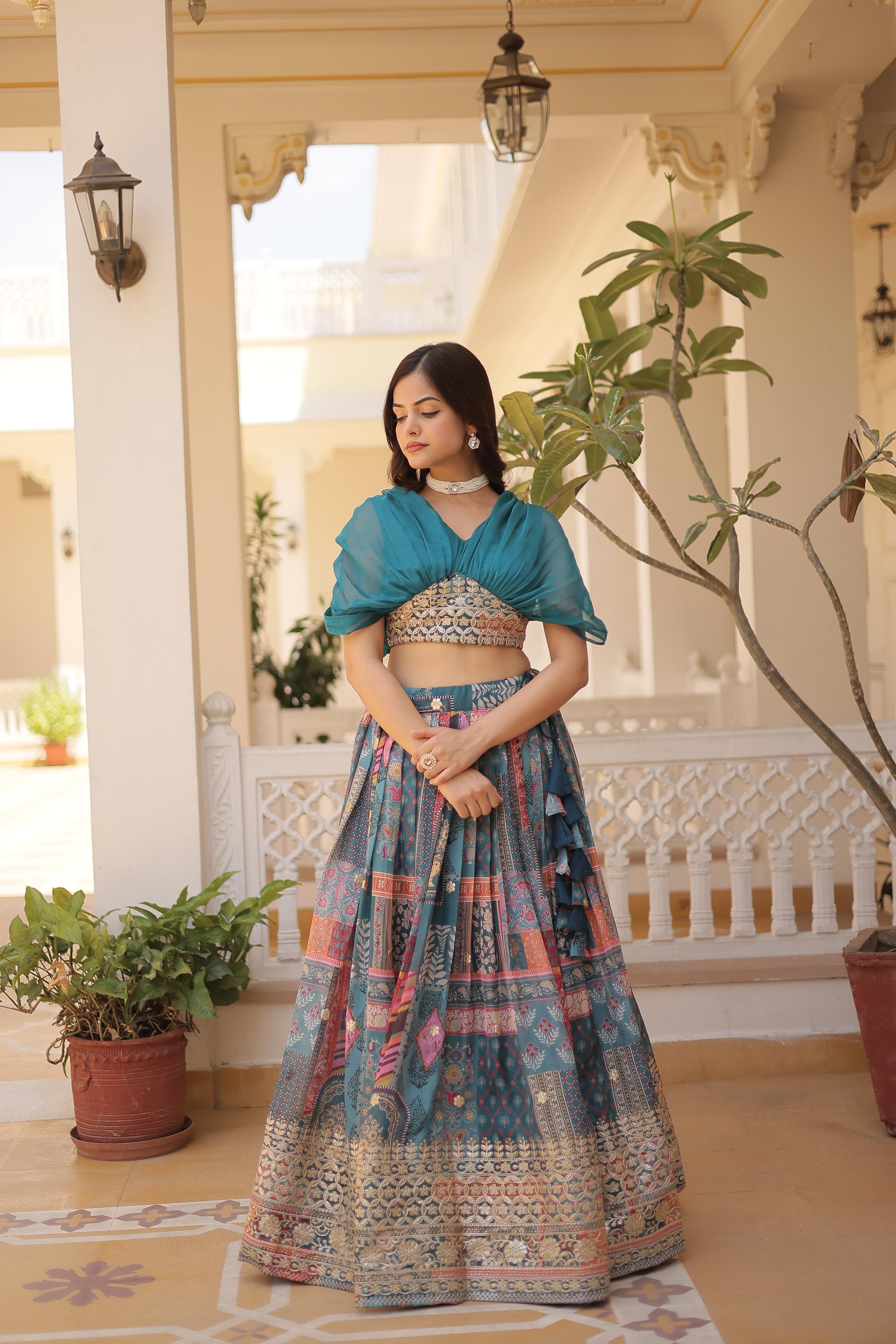 Russian Silk Rich Digital Printed With Foil Embroidery Work Lehenga Choli KA-5032