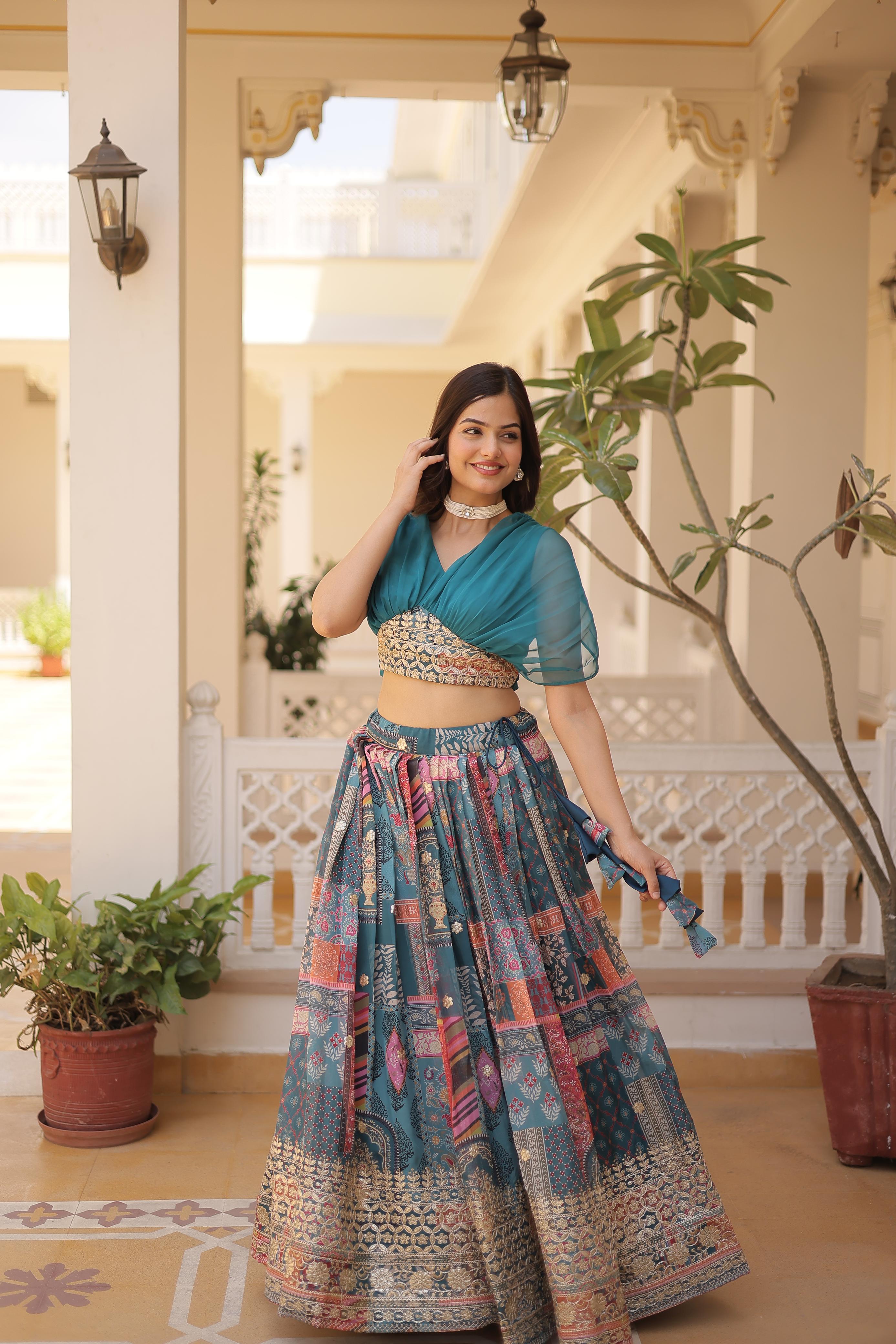 Russian Silk Rich Digital Printed With Foil Embroidery Work Lehenga Choli KA-5032