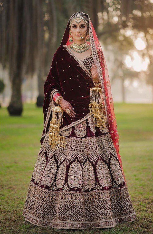 Maroon Colored Bridal Velvet material Lehenga Choli With Embroidery Work HLC 01