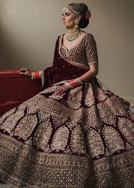 Maroon Colored Bridal Velvet material Lehenga Choli With Embroidery Work HLC 01