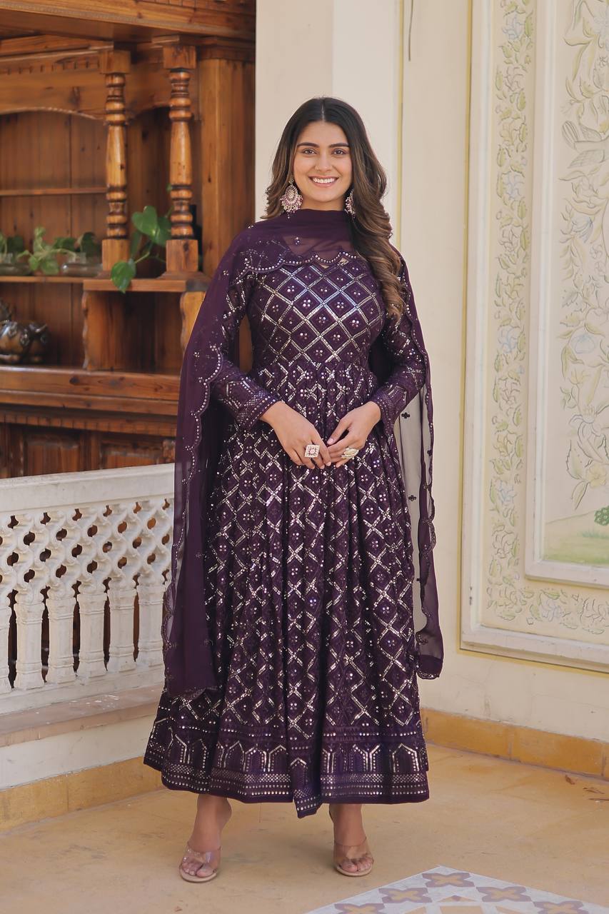 PILAKI 2 COLOUR RANI & WINE  EMBROIDERED GEORGETTE ANARKALI FULLY STITCHED SUIT SET -TD 124-