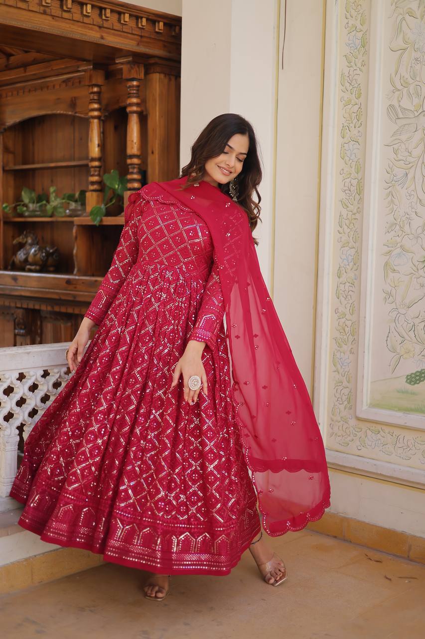 PILAKI 2 COLOUR RANI & WINE  EMBROIDERED GEORGETTE ANARKALI FULLY STITCHED SUIT SET -TD 124-