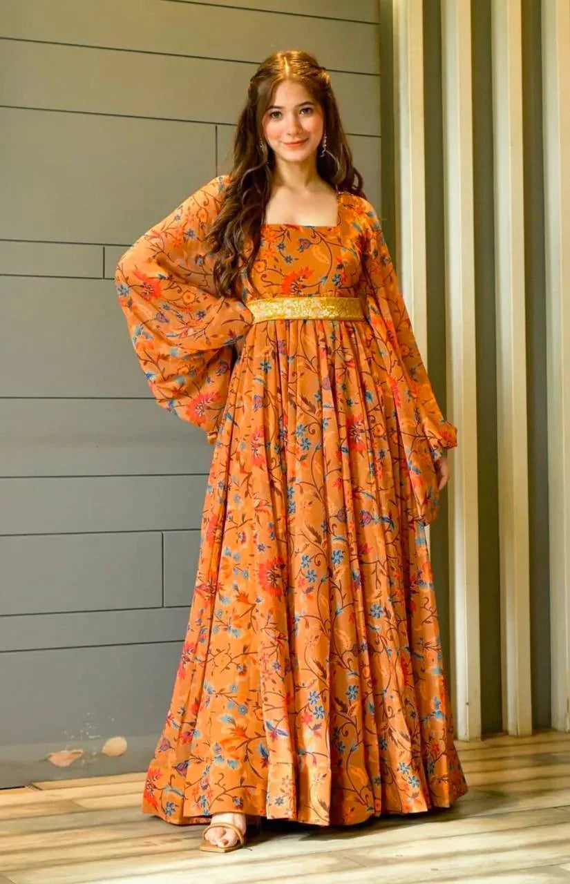 Sunaina Mustard Gown Digital Printed Faux Georgette 7011