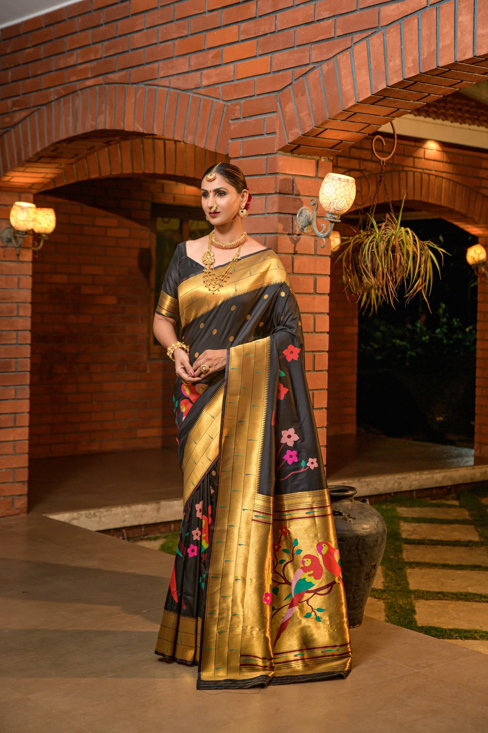 Tripal muniya Perot paithani silk handloom saree with Pure Jari