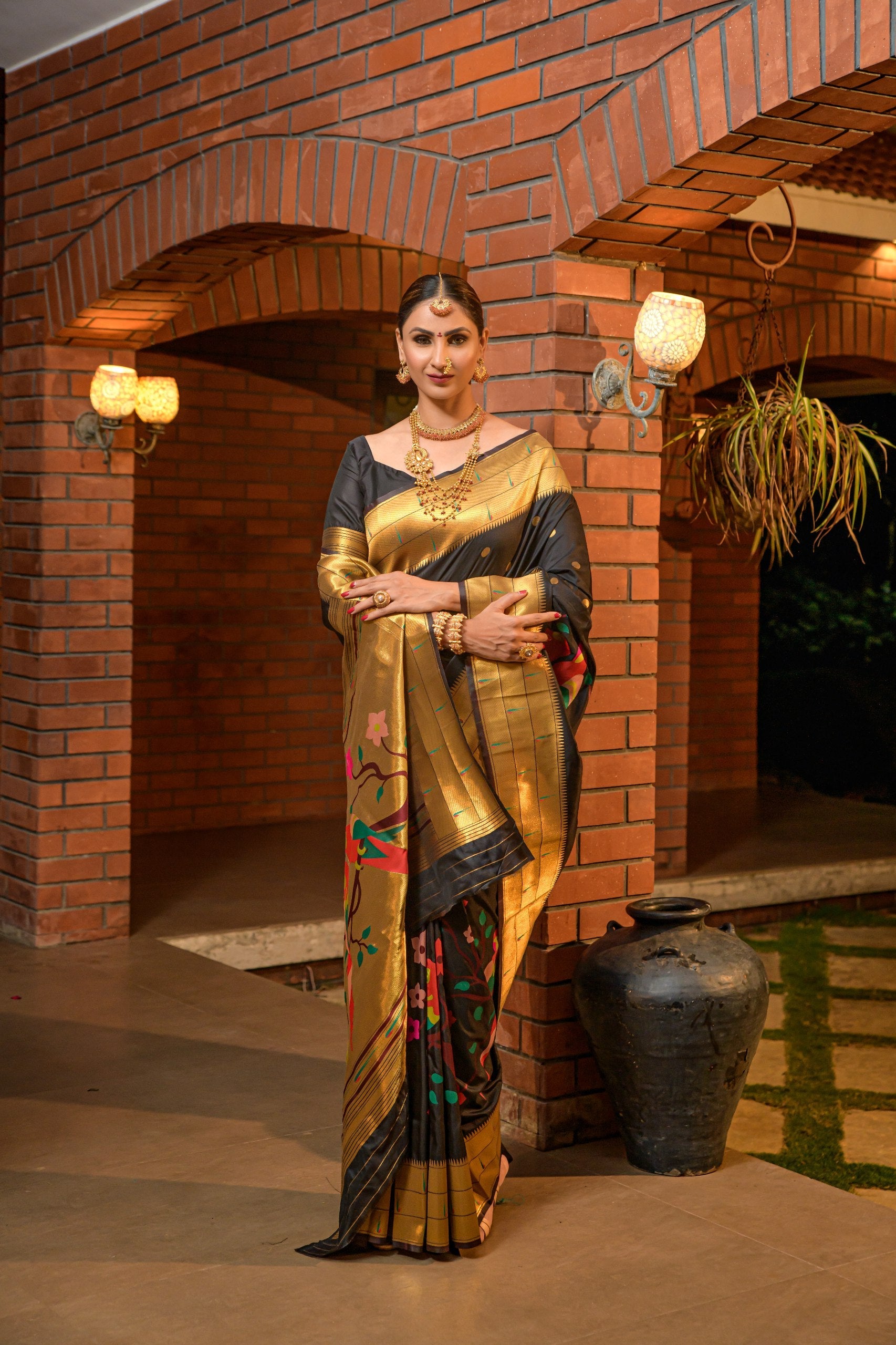 Tripal muniya Perot paithani silk handloom saree with Pure Jari