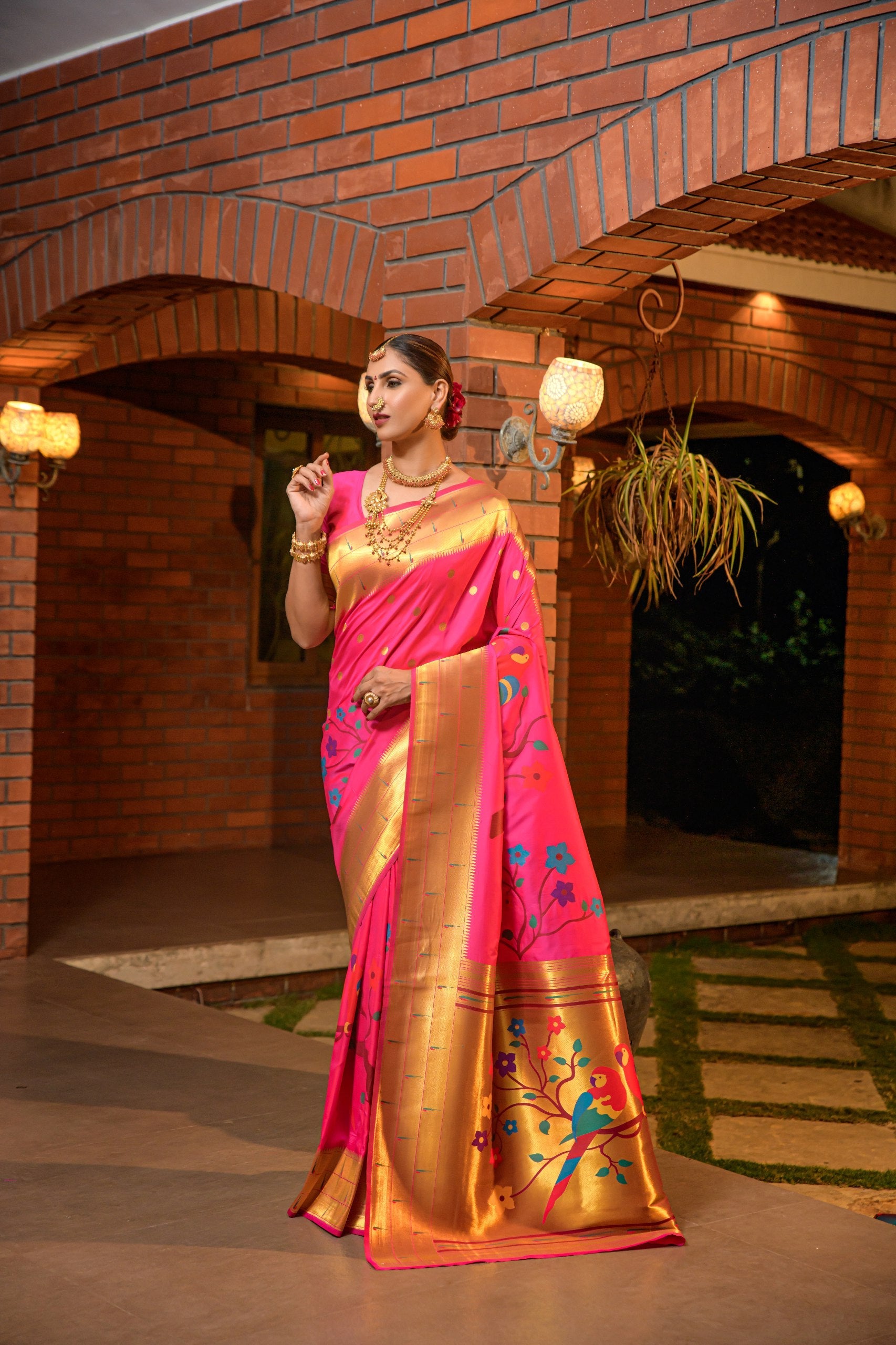 Tripal muniya Perot paithani silk handloom saree with Pure Jari