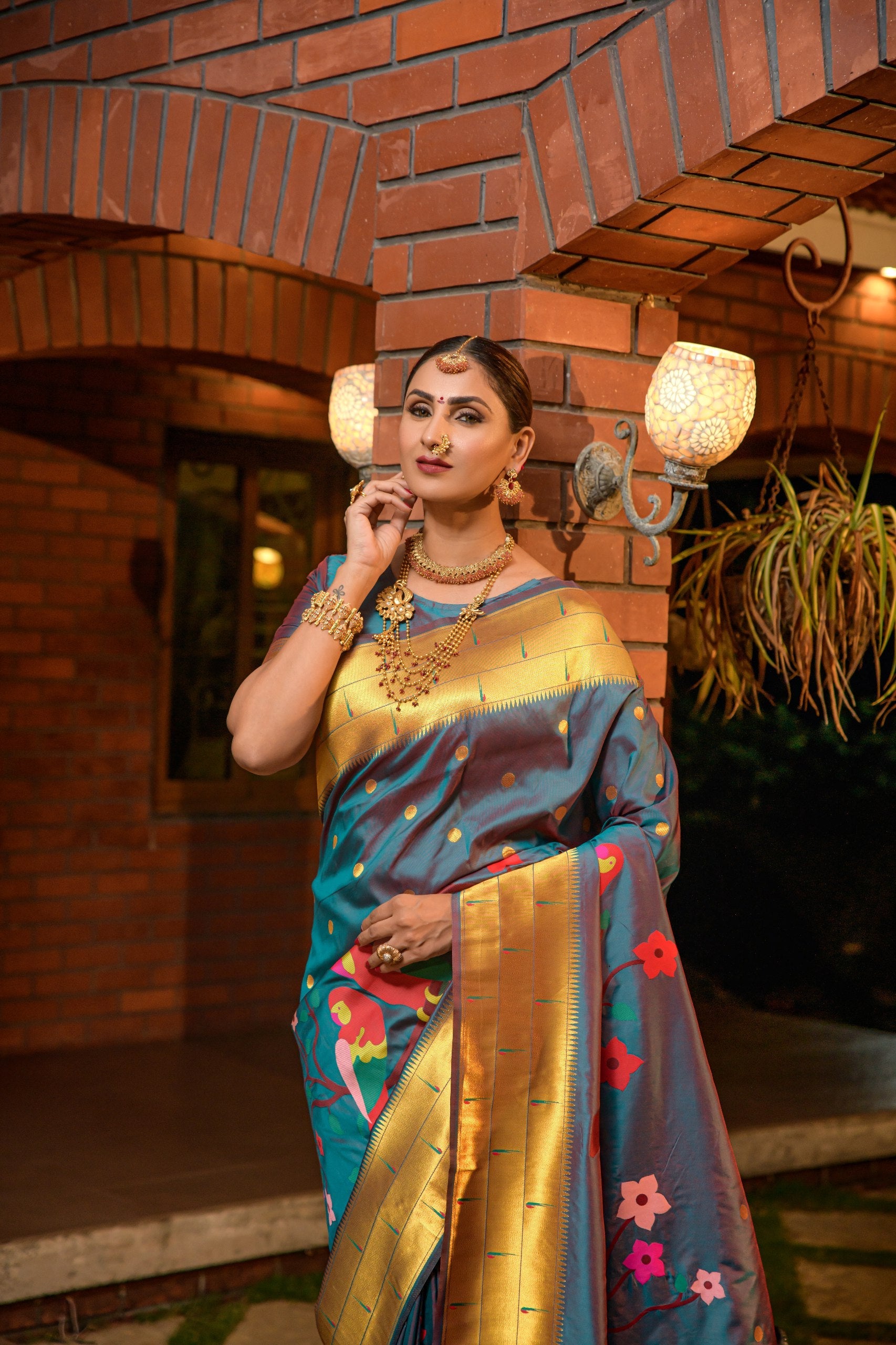 Tripal muniya Perot paithani silk handloom saree with Pure Jari