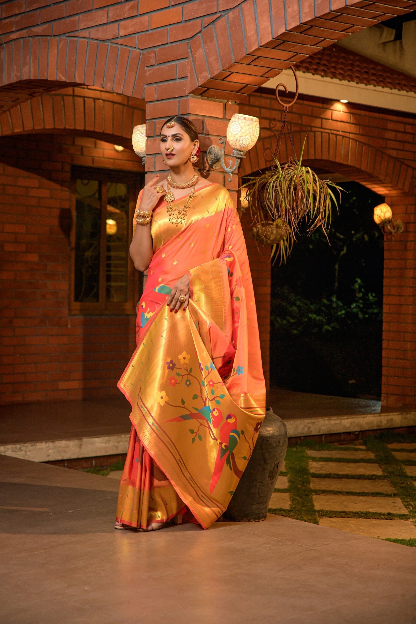 Tripal muniya Perot paithani silk handloom saree with Pure Jari