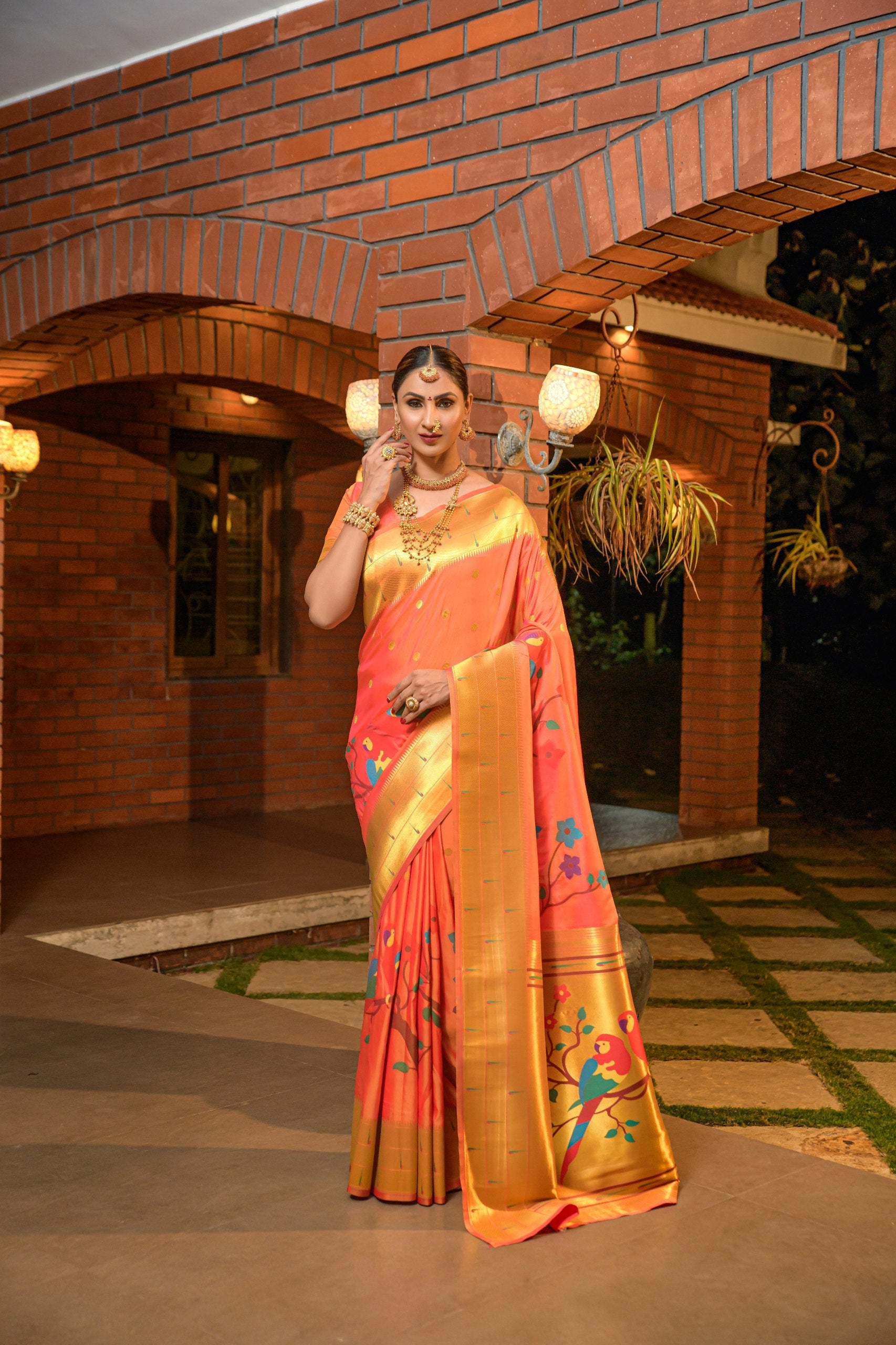 Tripal muniya Perot paithani silk handloom saree with Pure Jari