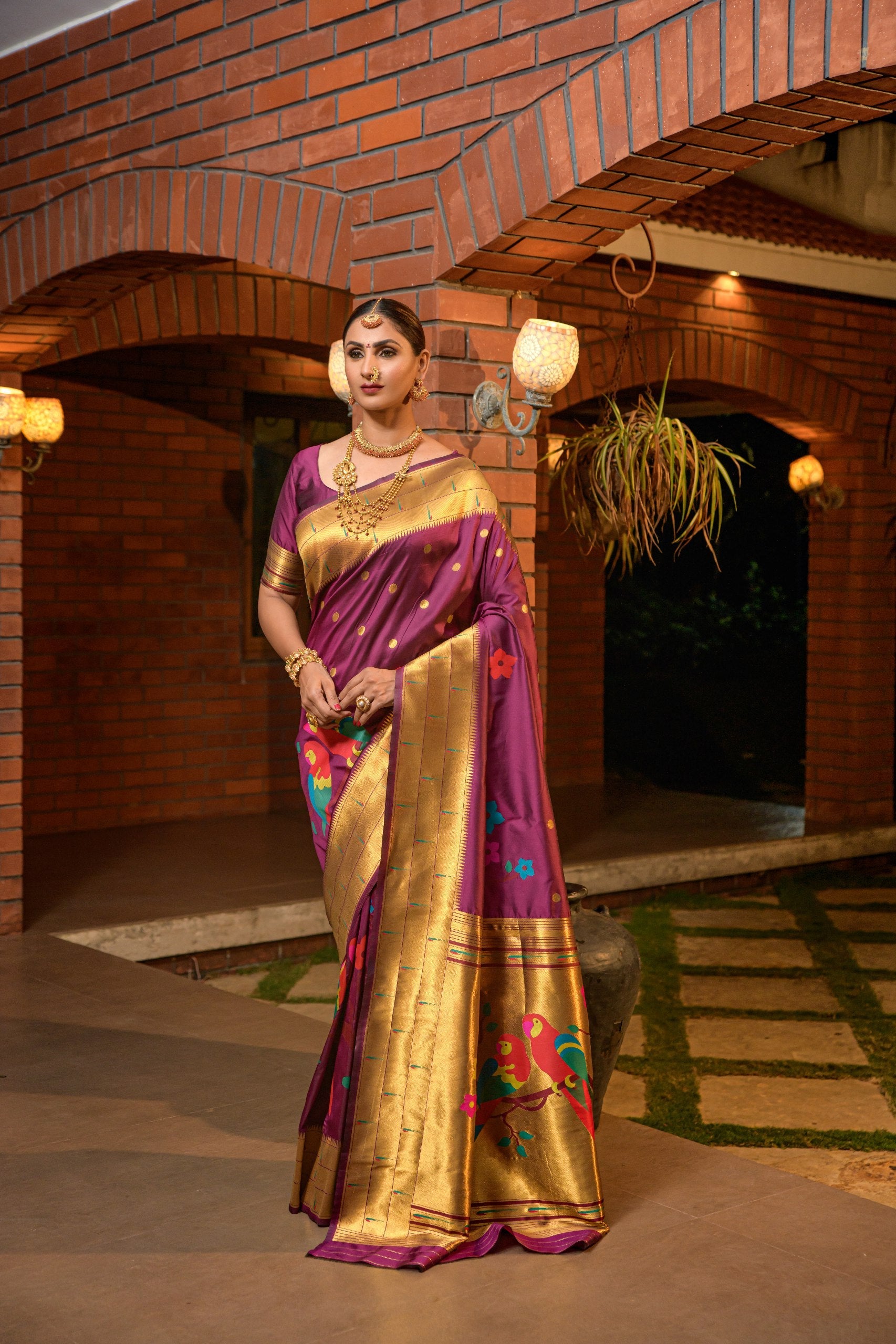 Tripal muniya Perot paithani silk handloom saree with Pure Jari