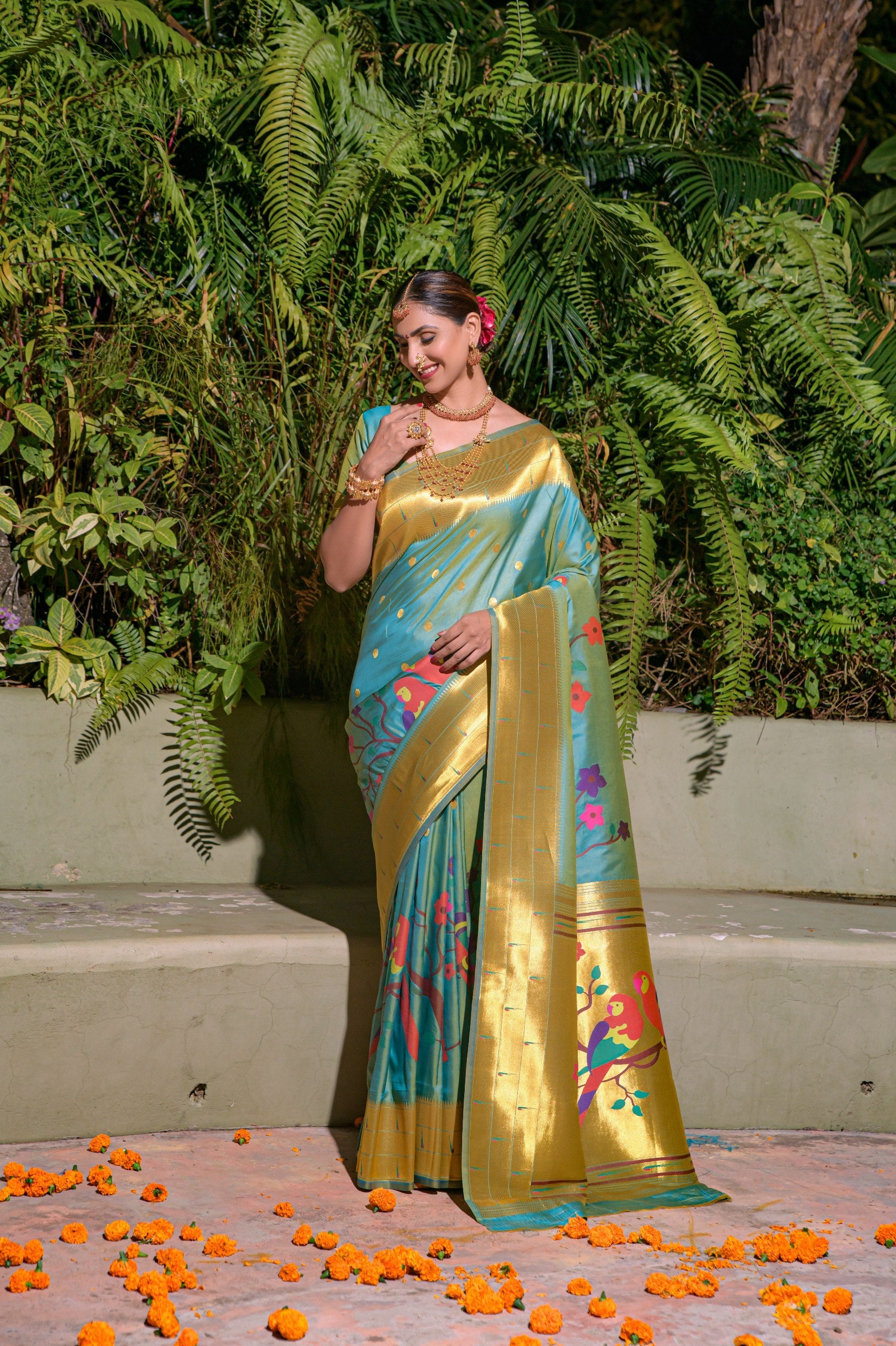 Tripal muniya Perot paithani silk handloom saree with Pure Jari