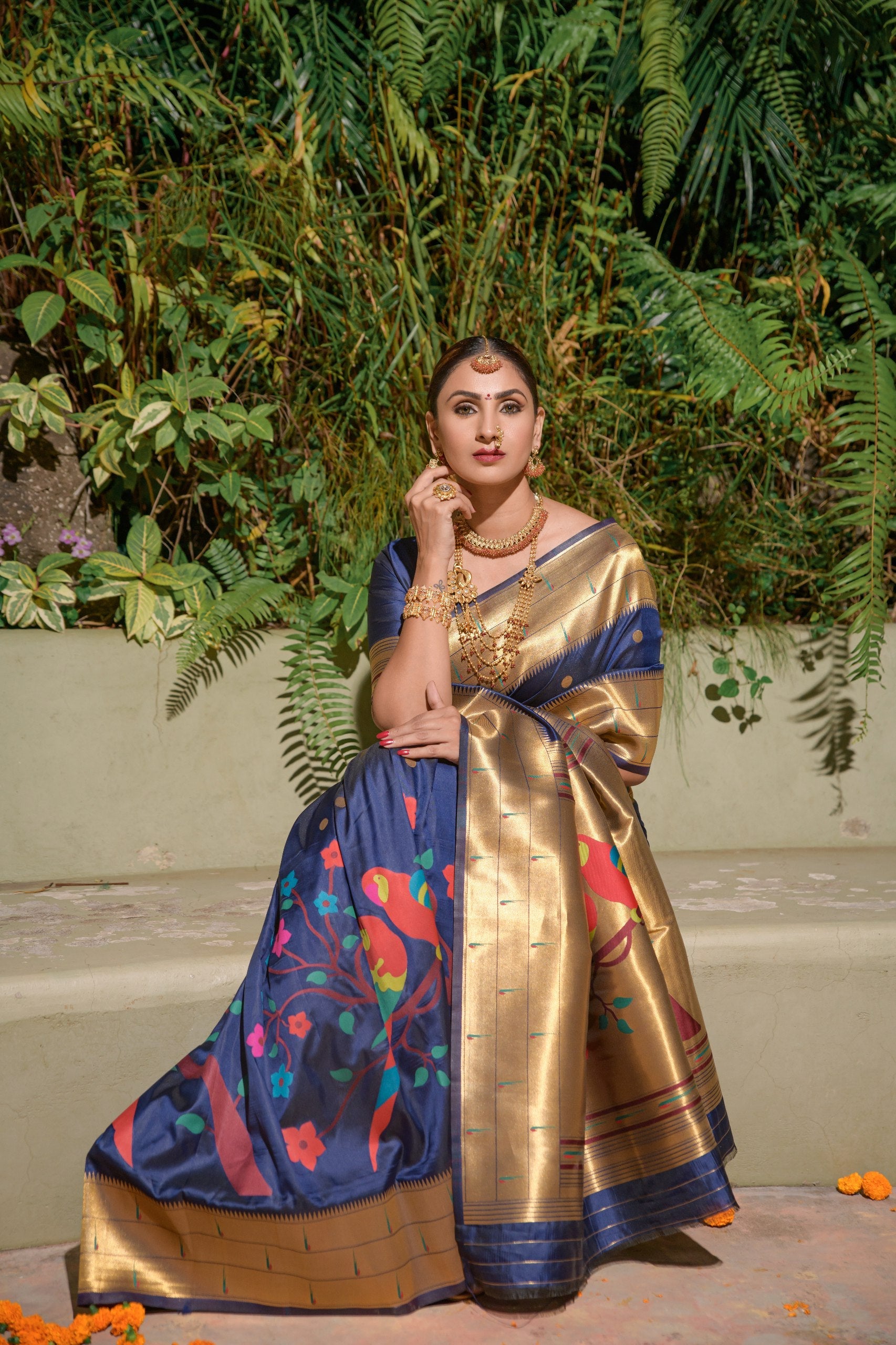 Tripal muniya Perot paithani silk handloom saree with Pure Jari