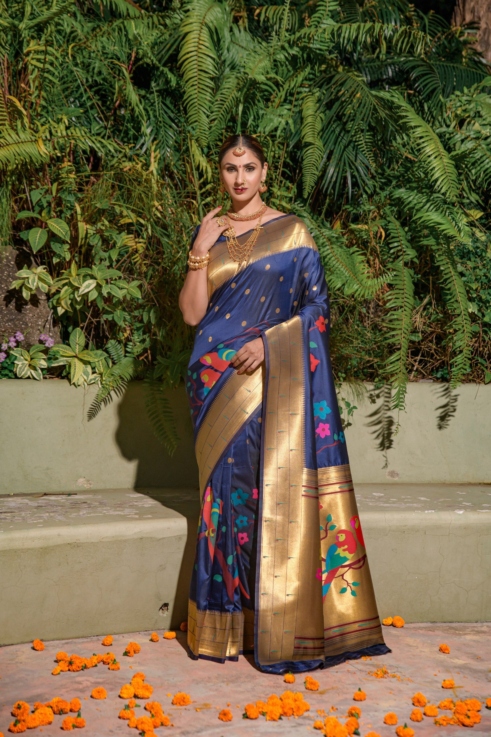 Tripal muniya Perot paithani silk handloom saree with Pure Jari