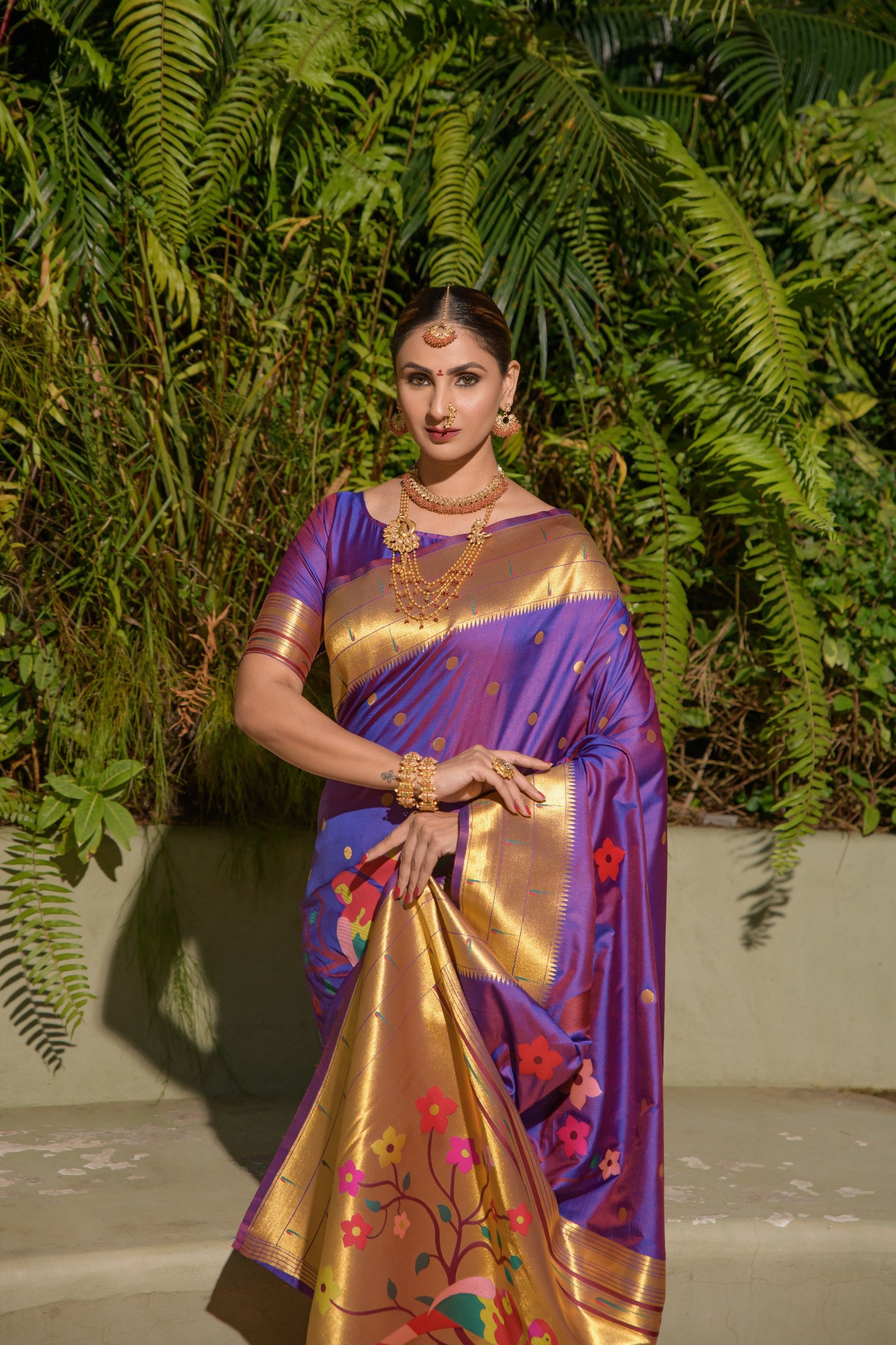 Tripal muniya Perot paithani silk handloom saree with Pure Jari