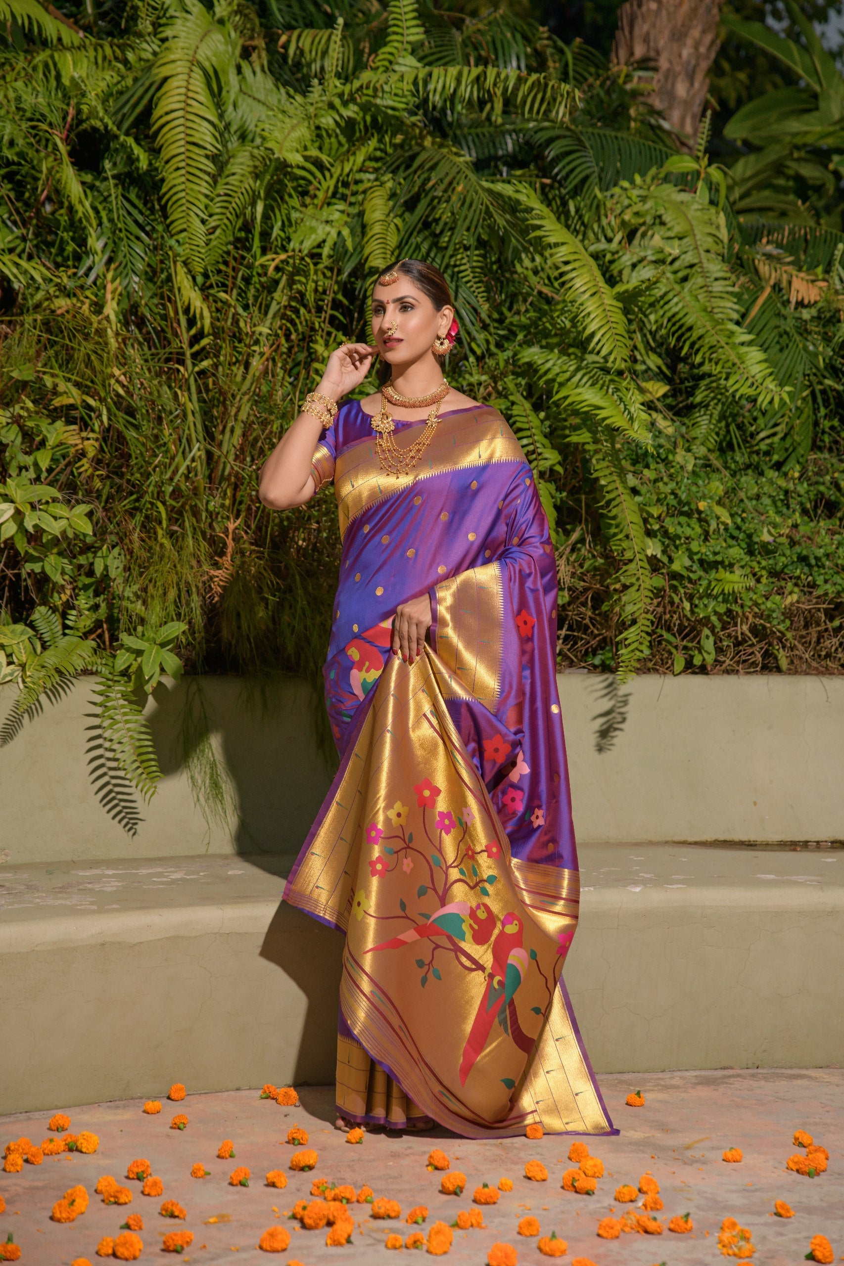 Tripal muniya Perot paithani silk handloom saree with Pure Jari