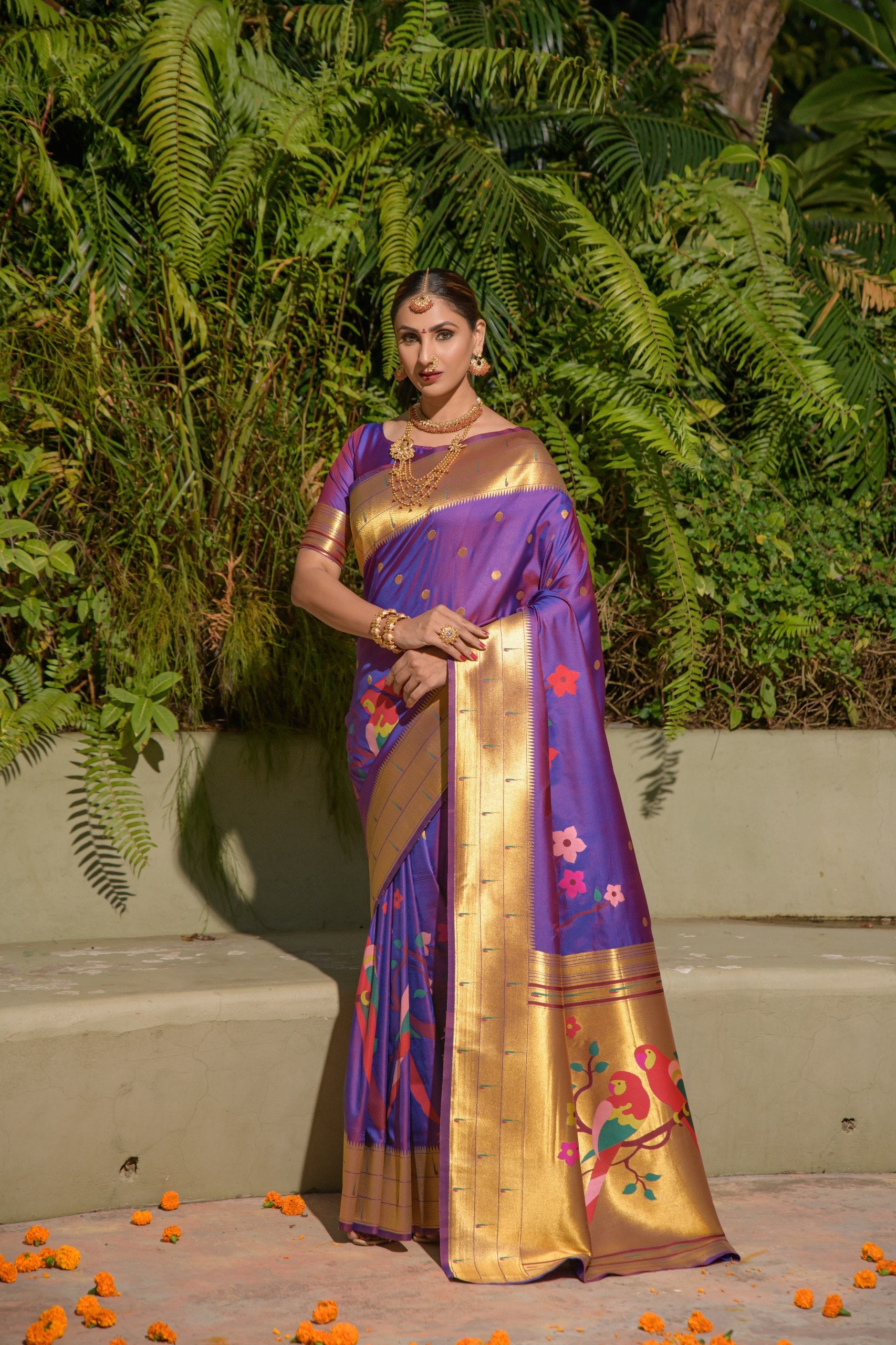 Tripal muniya Perot paithani silk handloom saree with Pure Jari