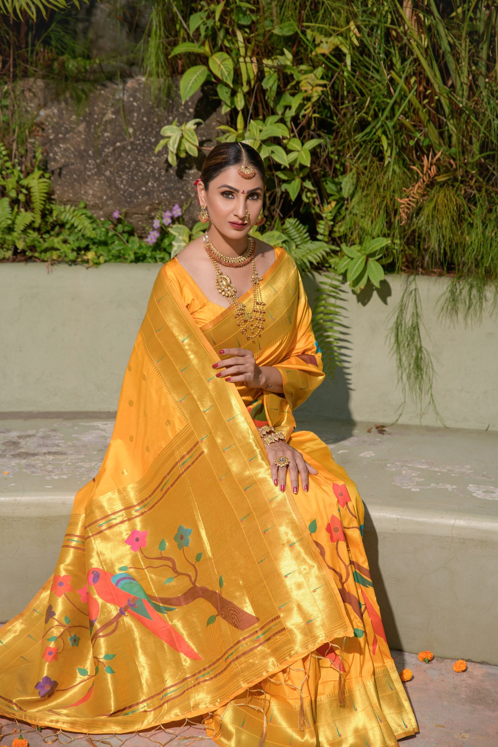 Tripal muniya Perot paithani silk handloom saree with Pure Jari