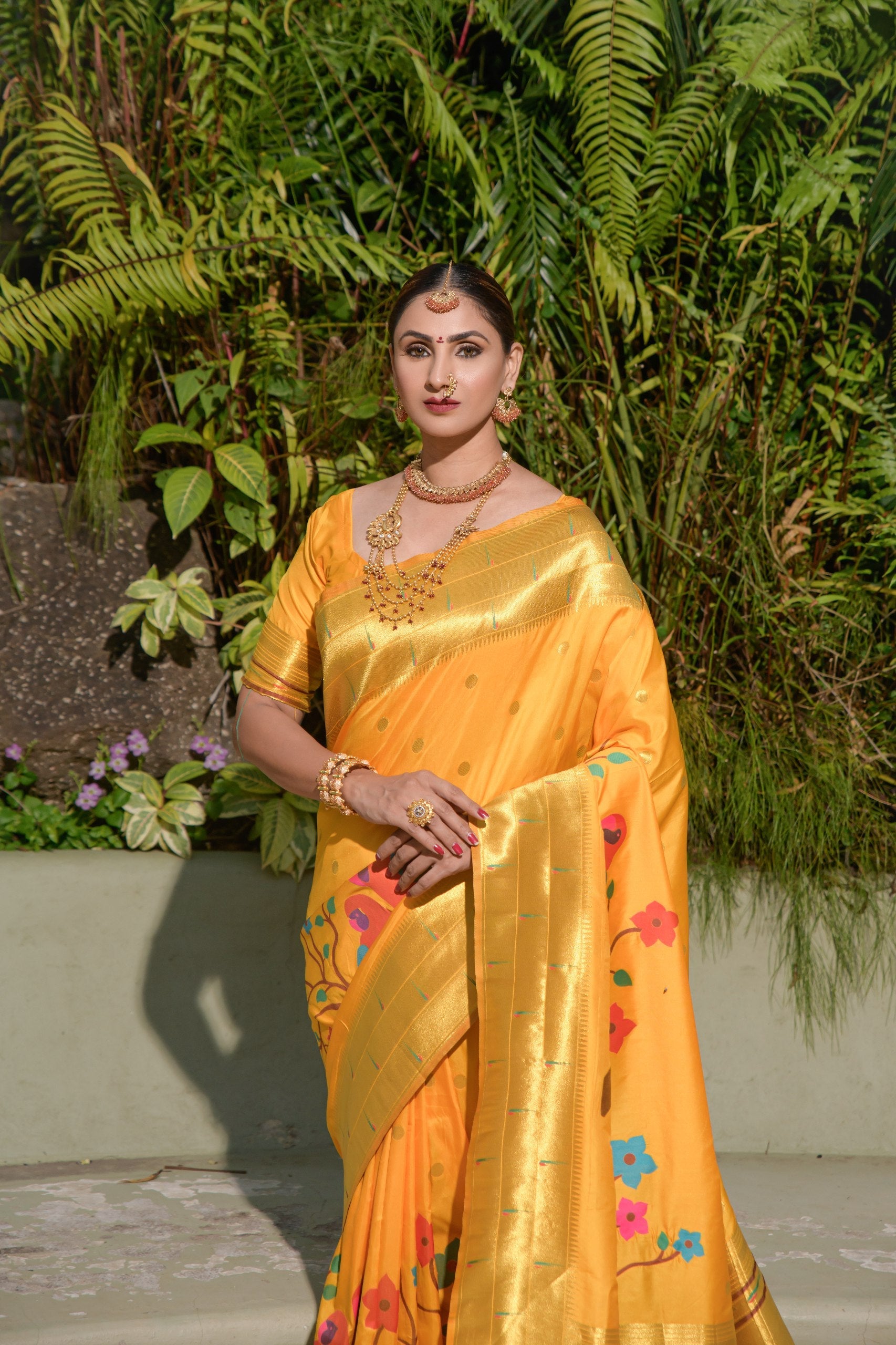 Tripal muniya Perot paithani silk handloom saree with Pure Jari