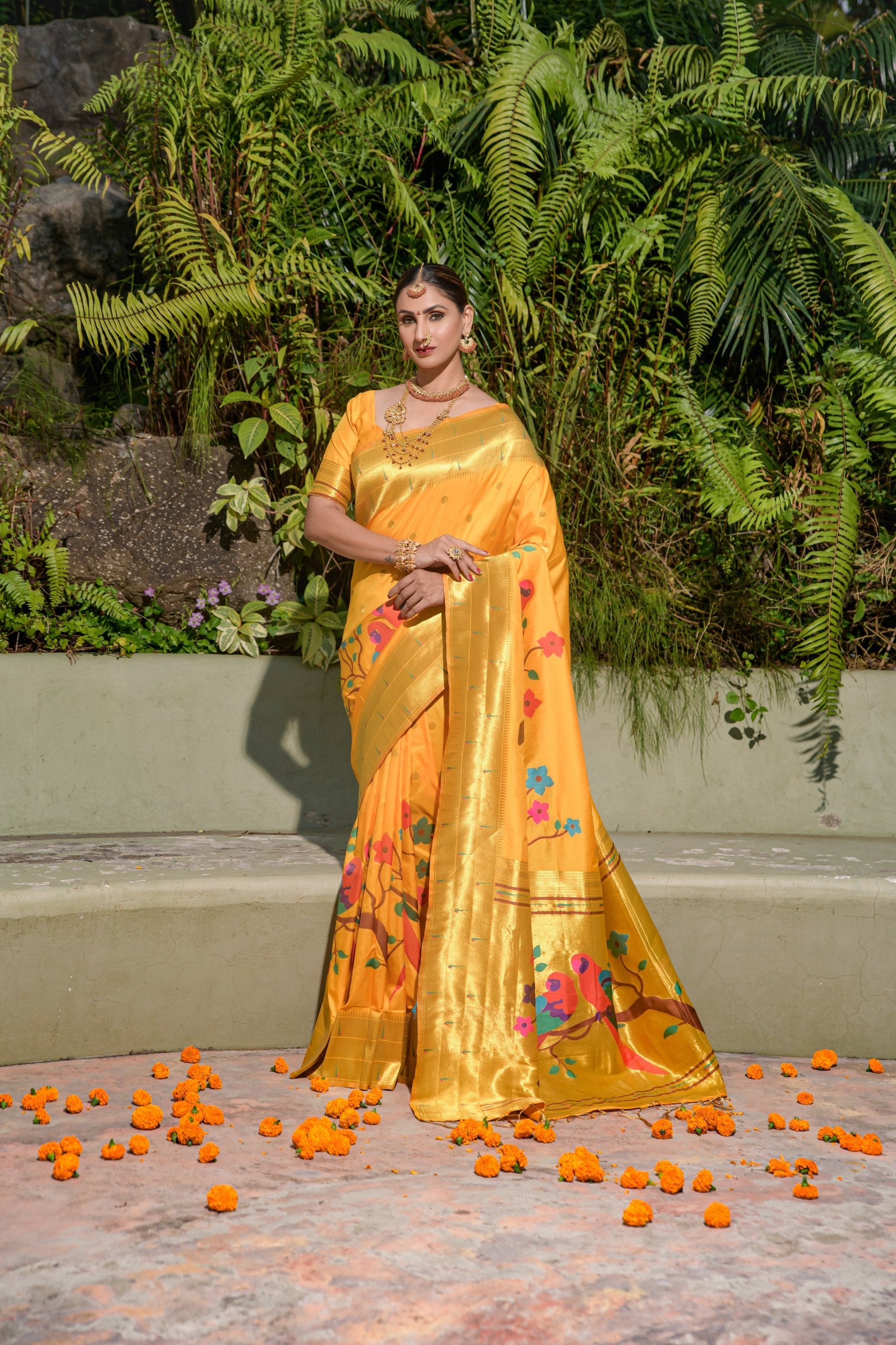 Tripal muniya Perot paithani silk handloom saree with Pure Jari