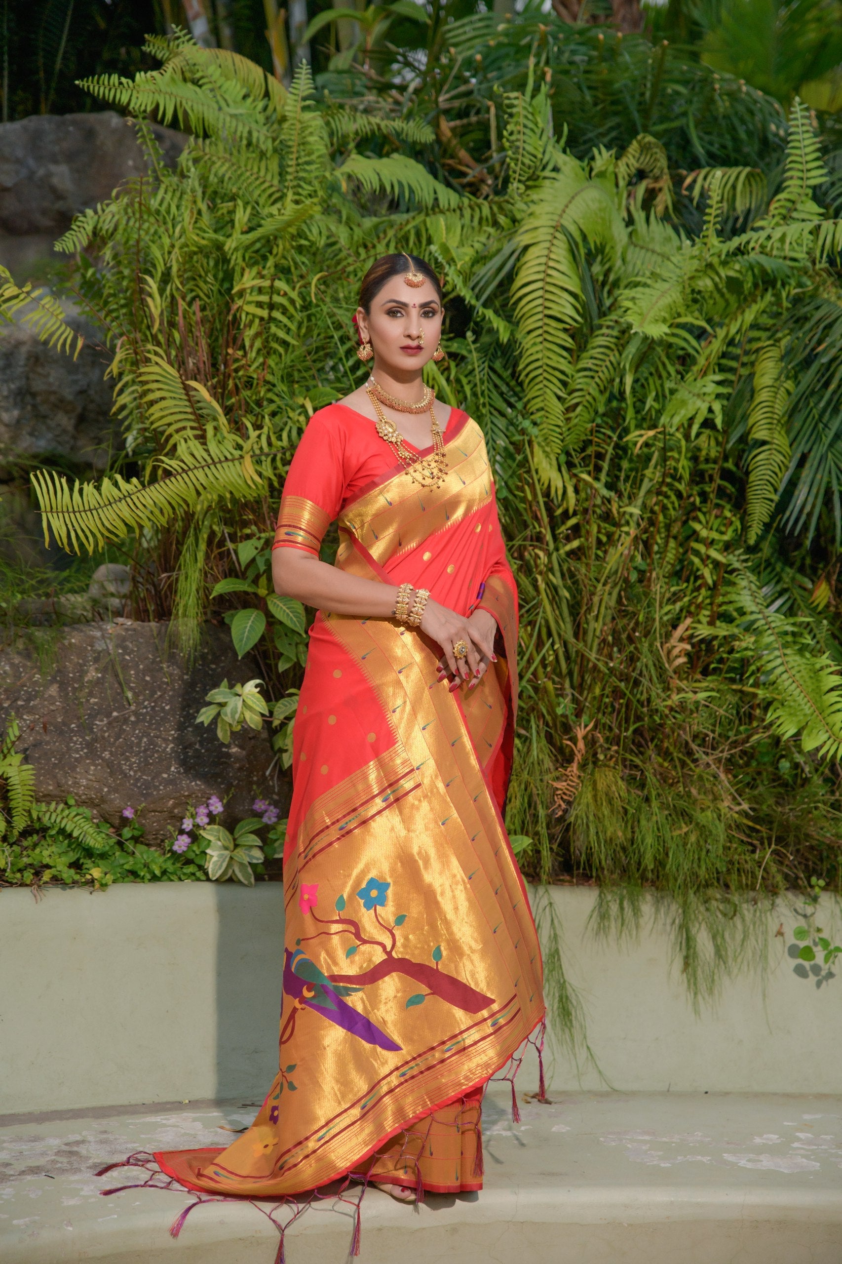 Tripal muniya Perot paithani silk handloom saree with Pure Jari