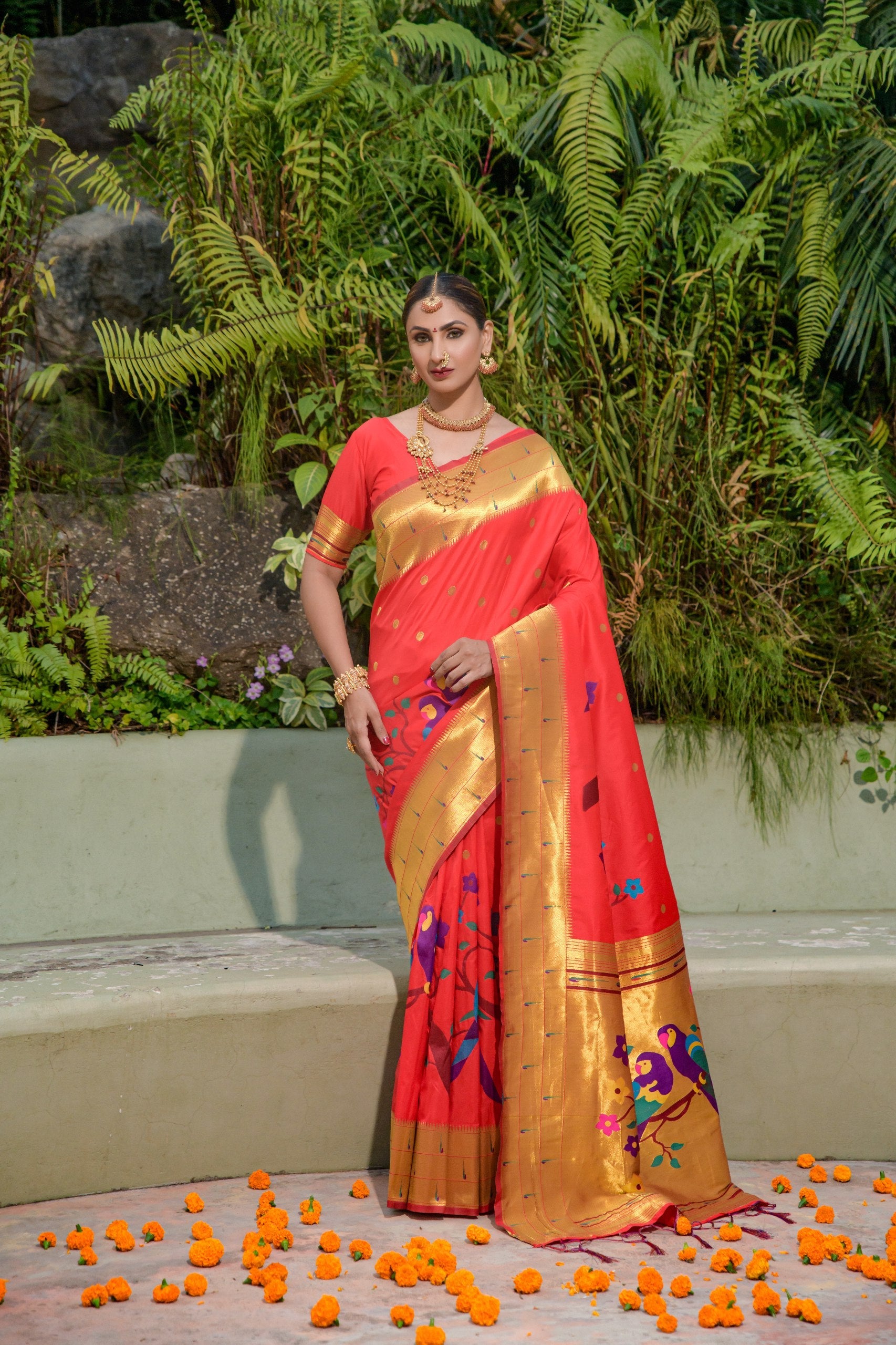 Tripal muniya Perot paithani silk handloom saree with Pure Jari