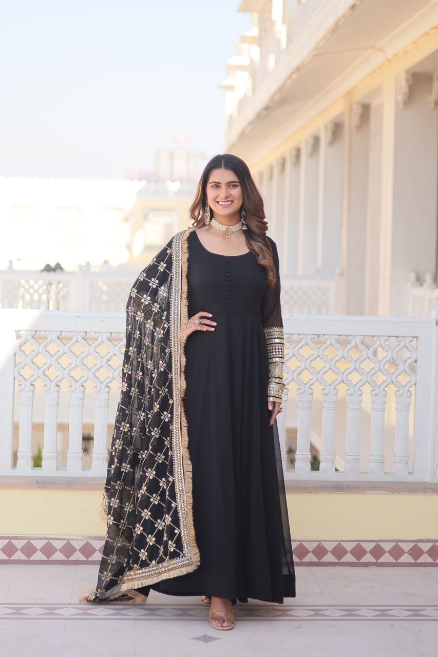 BLACK COLOUR READYMADE ALIA CUT GOWN WITH DUPATTA SET-KKA-1070