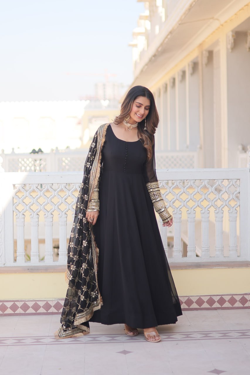 BLACK COLOUR READYMADE ALIA CUT GOWN WITH DUPATTA SET-KKA-1070