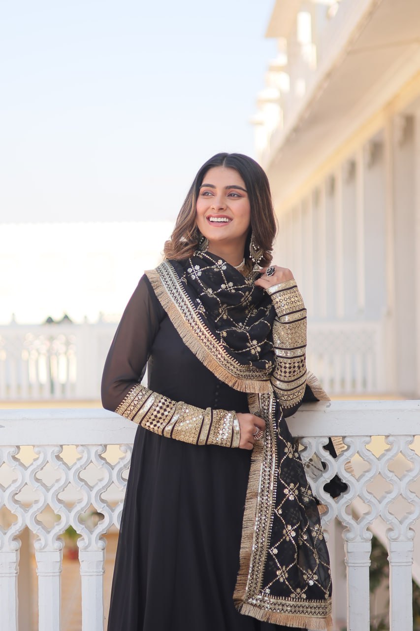 BLACK COLOUR READYMADE ALIA CUT GOWN WITH DUPATTA SET-KKA-1070