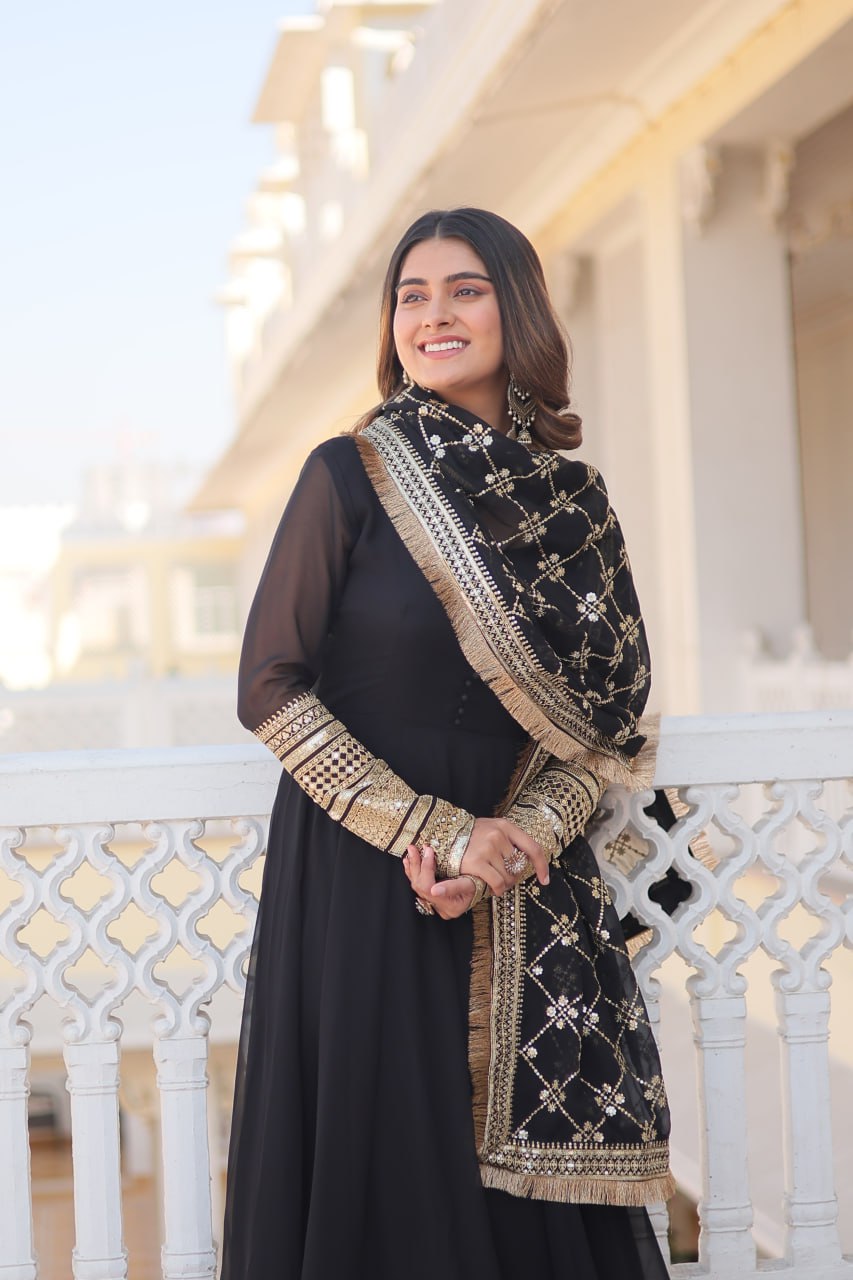 BLACK COLOUR READYMADE ALIA CUT GOWN WITH DUPATTA SET-KKA-1070