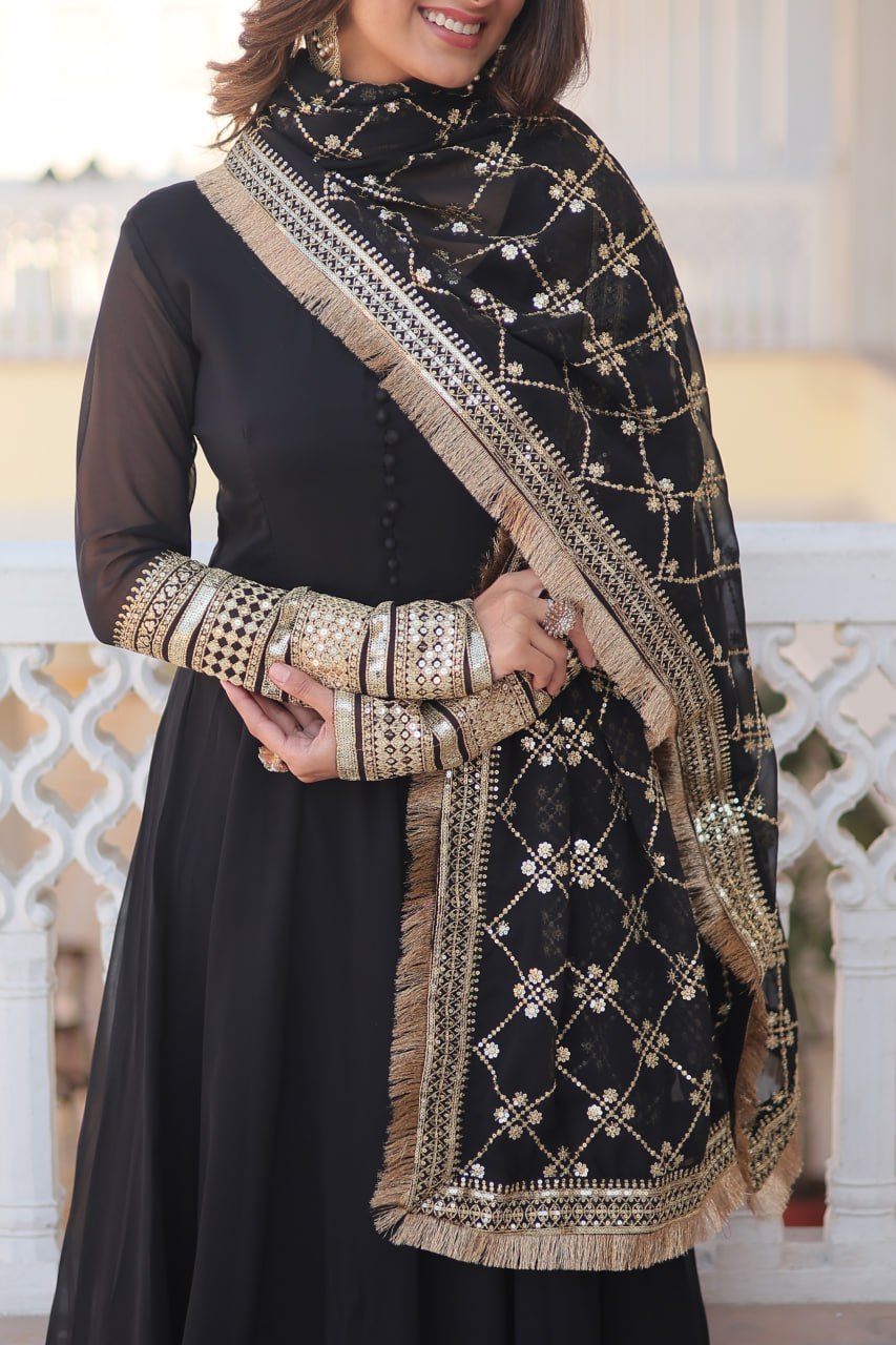 BLACK COLOUR READYMADE ALIA CUT GOWN WITH DUPATTA SET-KKA-1070