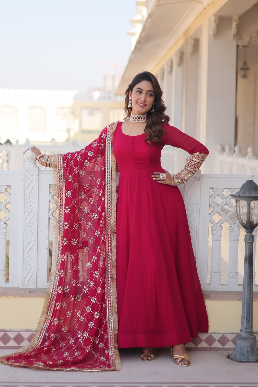 PINK COLOUR READYMADE ALIA CUT GOWN WITH DUPATTA SET-KKA-1070