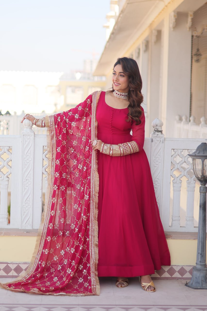 PINK COLOUR READYMADE ALIA CUT GOWN WITH DUPATTA SET-KKA-1070