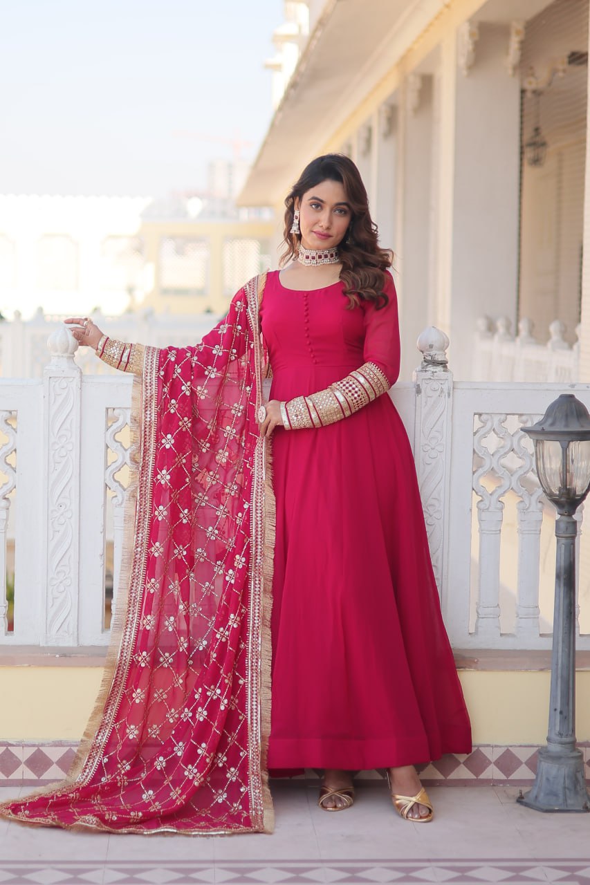 PINK COLOUR READYMADE ALIA CUT GOWN WITH DUPATTA SET-KKA-1070